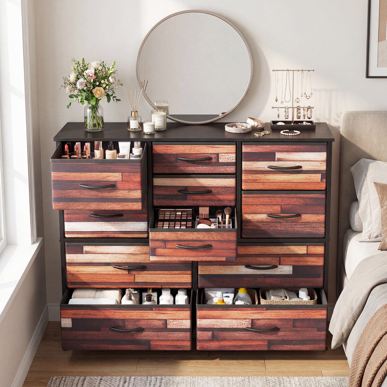 COSTWAY Kommode, Schubladenschrank mit 11 Stoffschubladen 100x30x82cm