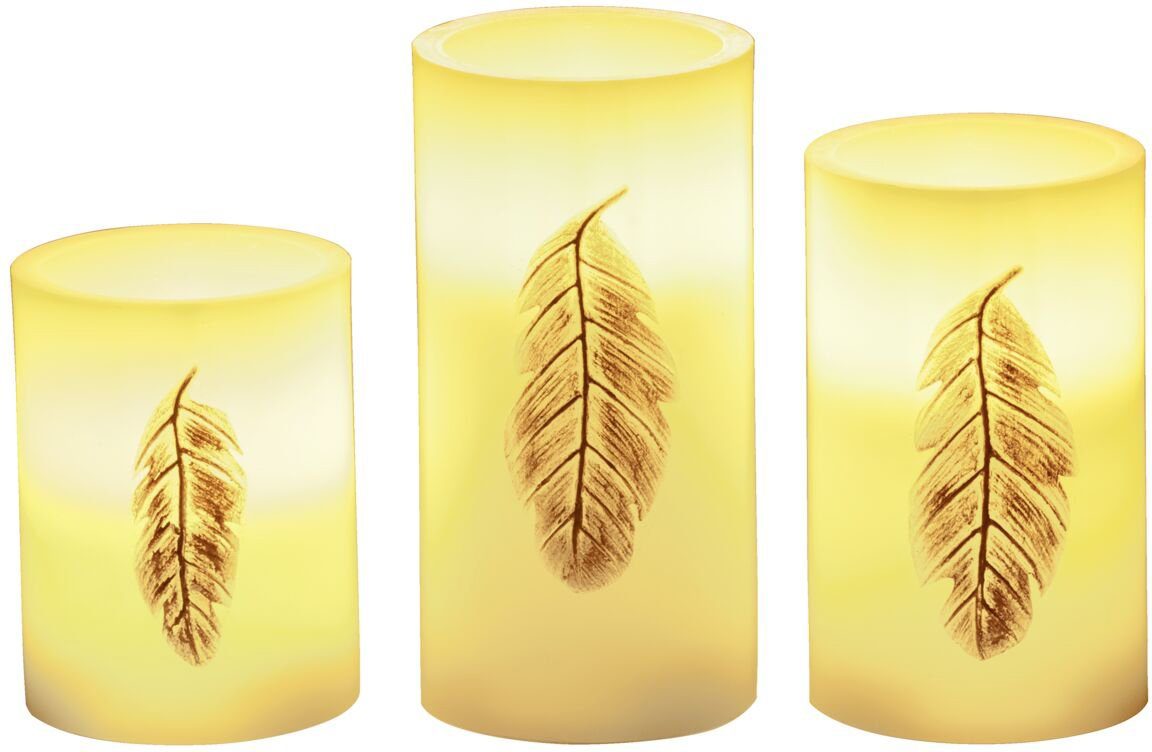 Pauleen LED-Kerze Golden Feather Candle Wachskerze (Set, 3-tlg), Timer,  Batterie, Weiß/Gold
