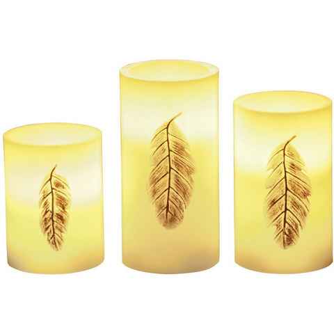 Pauleen LED-Kerze Golden Feather Candle Wachskerze (Set, 3-tlg), Timer, Batterie, Weiß/Gold