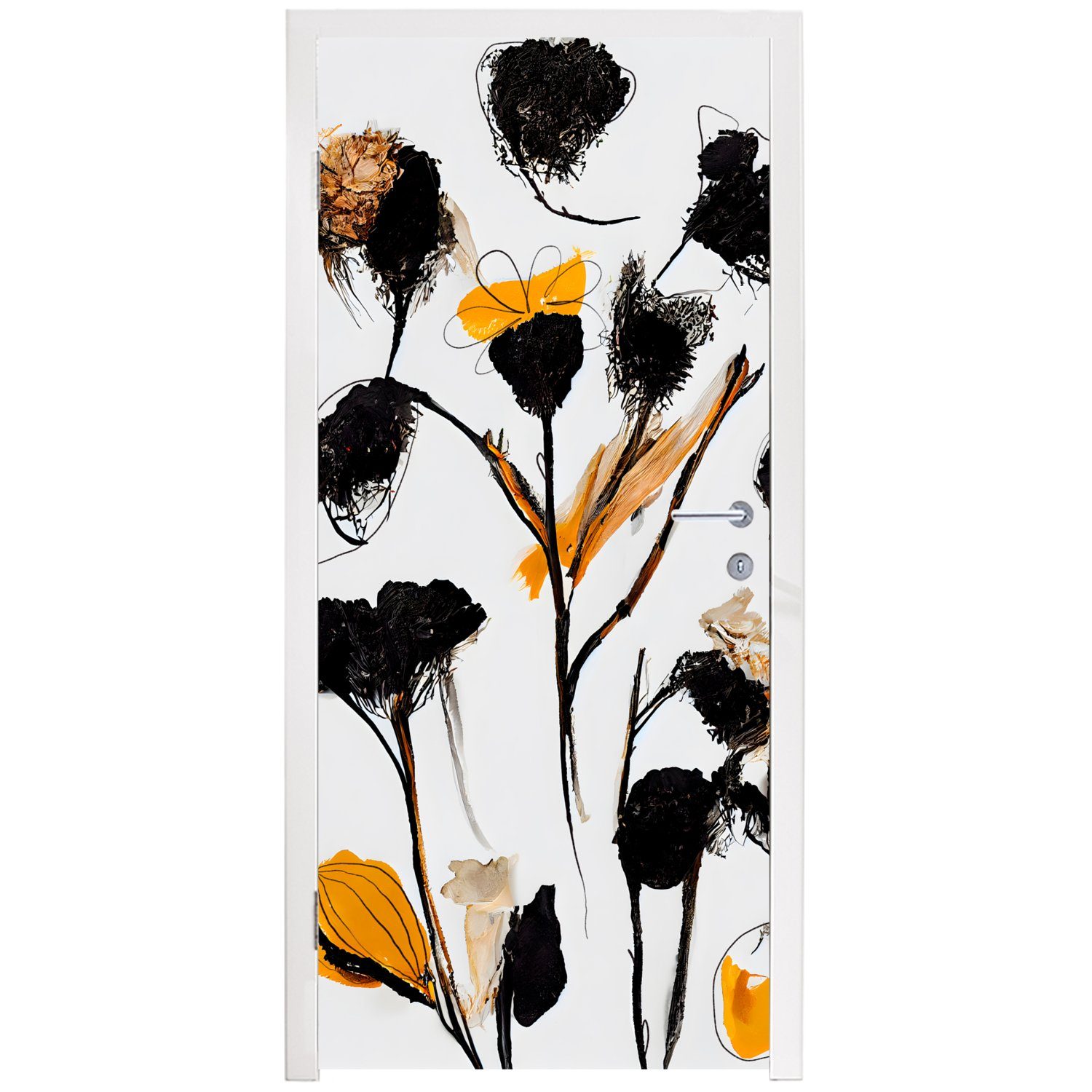 75x205 bedruckt, Schwarz (1 Pflanzen Türtapete Pastell Matt, St), - für - cm - Gelb, Tür, MuchoWow Türaufkleber, Fototapete Blumen -