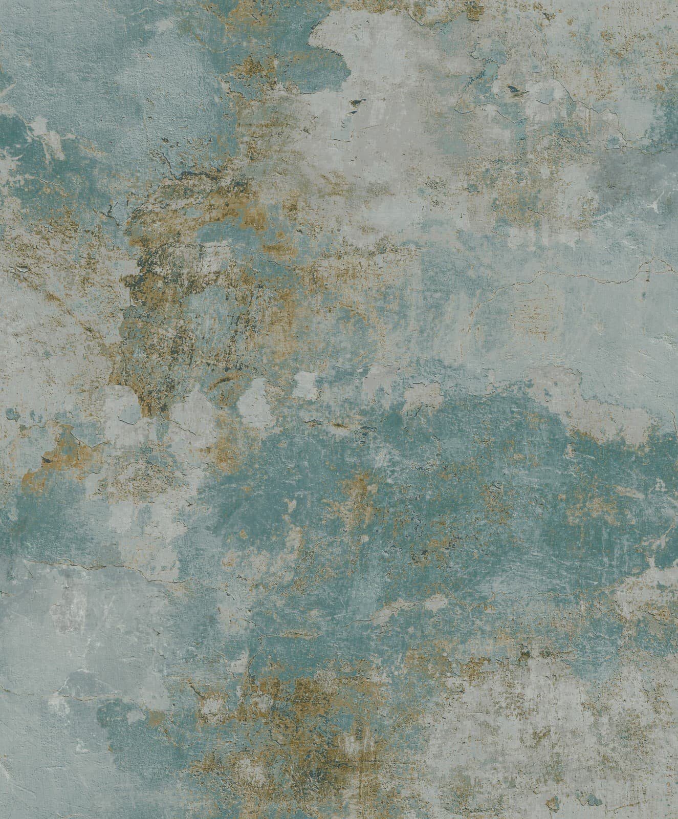 Grandeco Tapete Vliestapete Einfarbig Beton Optik Shabby Risse Blau Beige A63103 Ciara