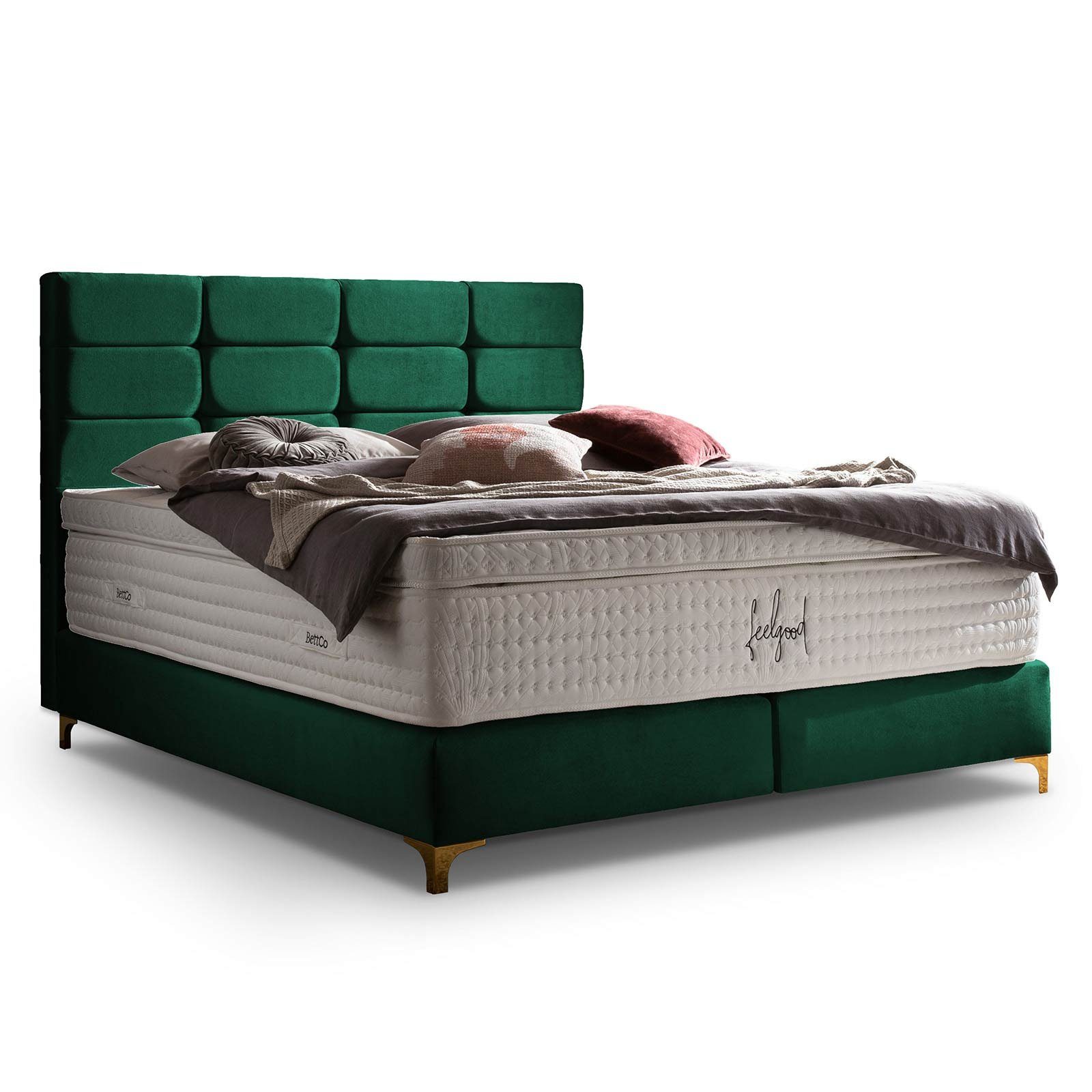 x Boxspringbett BettCo Gold-Optik in 200 optionaler Topper, Smaragd Samt), Kachel-Design Kansas + in Füße (140 cm,