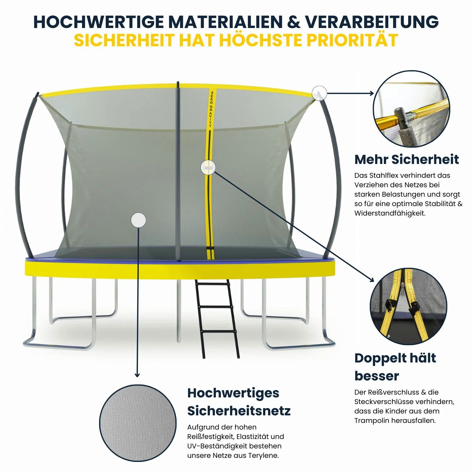 457 Gartentrampolin Zero cm, oval/rechteckig, zert., 305 Leiter cm 366 & x TÜV Gravity 3 366 cm, 213 244 inkl. Sicherheitsnetz, x x Größen:,