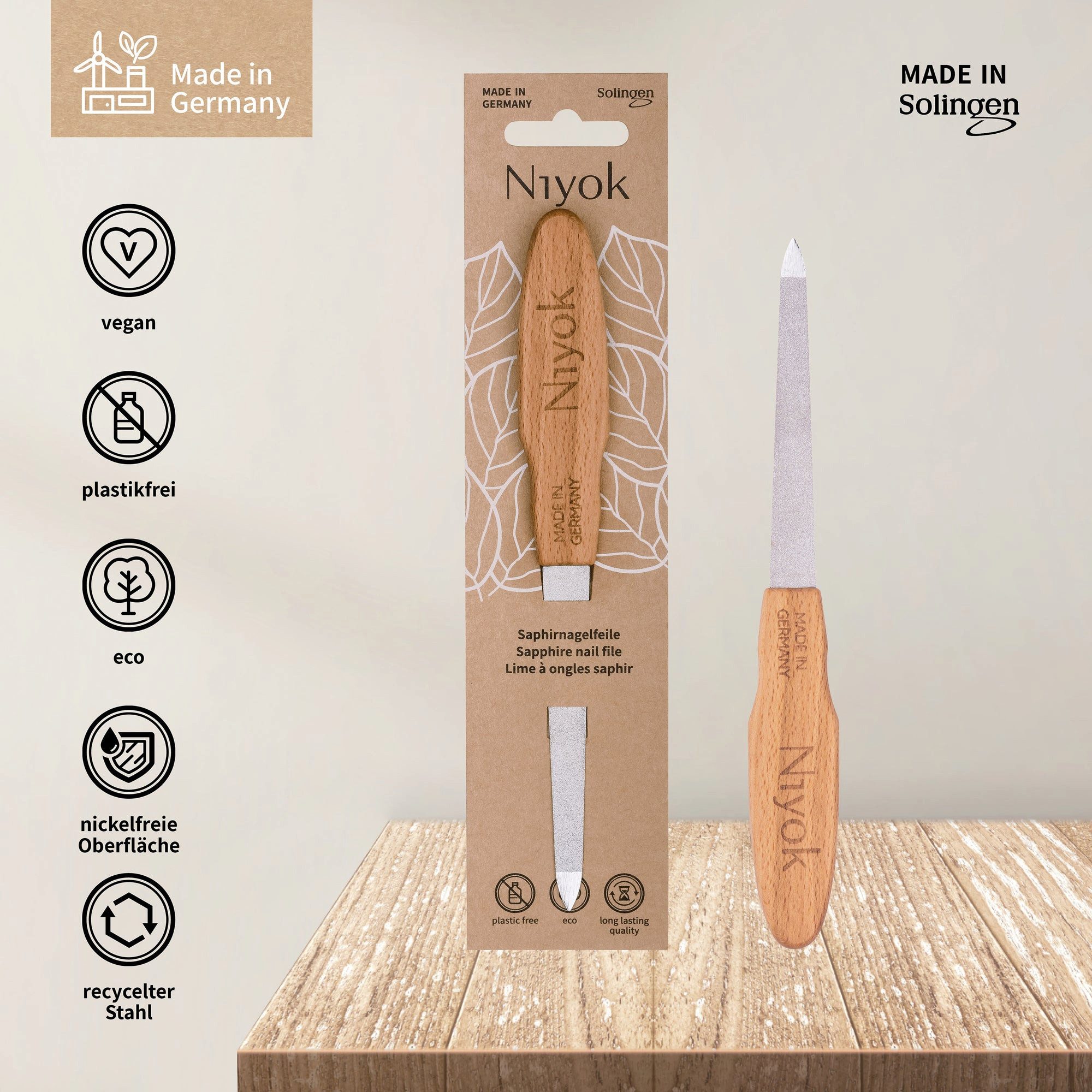 Niyok Saphir-Nagelfeile mit Holzgriff, doppelseitige Saphirnagelfeile grobe & feine Seite, nachhaltig, plastik frei