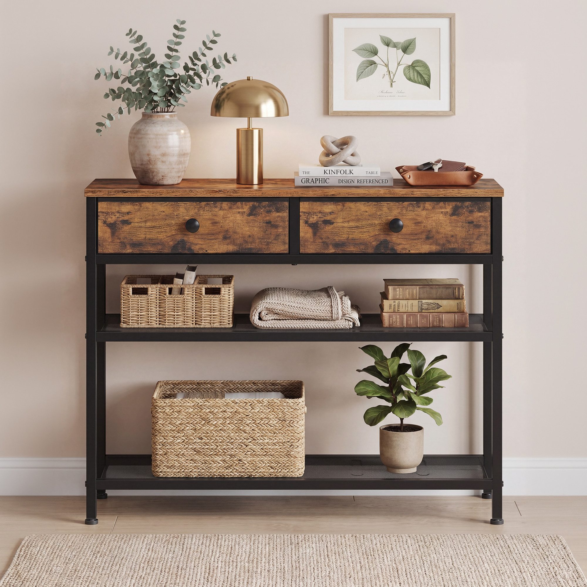 SONGMICS Konsolentisch Beistelltisch mit 2 Gitterablagen, Wohnzimmer, Eingangsbereich, Flur, mit 2 Stoffschubladen, für Wohnzimmer, 30 x 76,7 x 78,7 cm