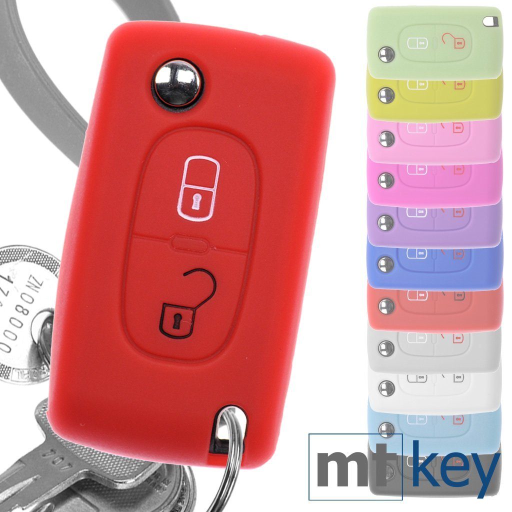 mt-key Schlüsseltasche Autoschlüssel Softcase Silikon Schutzhülle Rot, für Citroen Berlingo C2 C3 Peugeot 207 307 308 2 Tasten Klappschlüssel