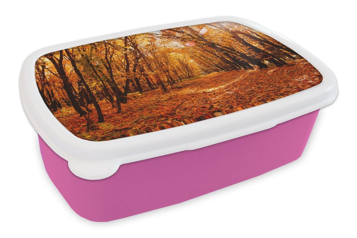 Lunchbox Kinder, Brotbox - Kunststoff Brotdose Laub - Snackbox, Wald für rosa - Mädchen, Kunststoff, Erwachsene, MuchoWow Jahreszeiten, Herbst (2-tlg),