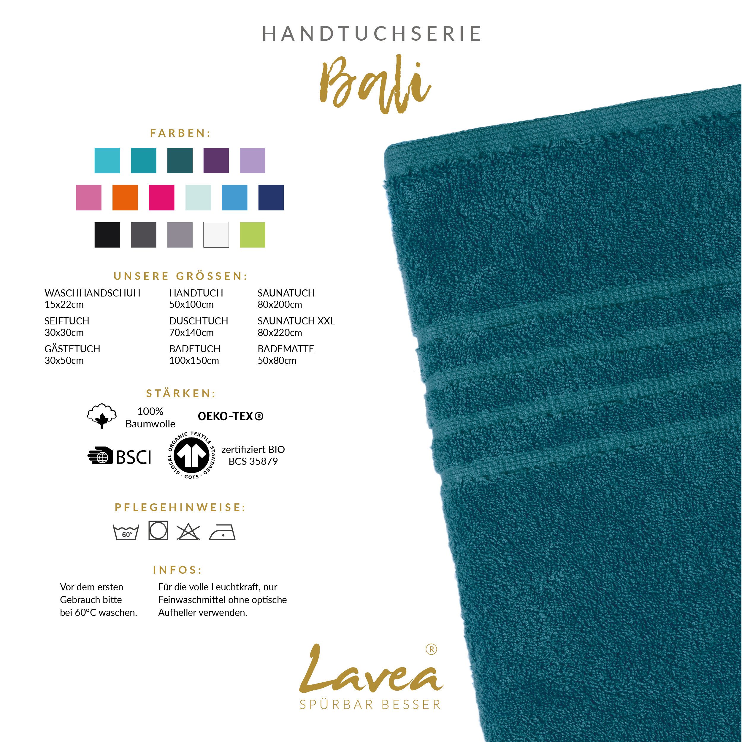 Lavea Saunatuch Bali Saunahandtuch 80x200 cm Saunahandtuch XXL 80x220 cm, Weiches Bio-Baumwollfrottee (1-St), pflegeleicht, GOTS-zertifiziert, extra saugstark mit 500g/m²