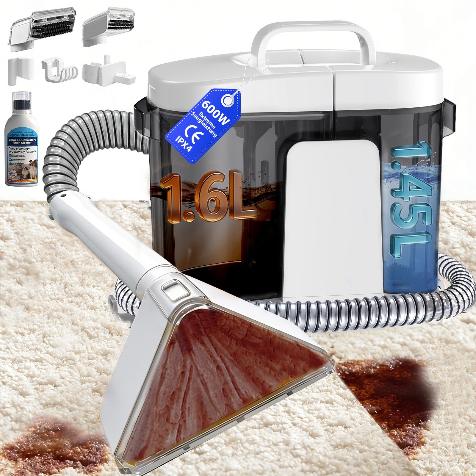 Grenintol Teppichreinigungsgerät 25kPA Waschsauger,Teppichreiniger,Tragbarerer Polsterreiniger Gerät, 600 W, Nasssauger, Tragbarerer Fleckenreiniger mit Trenntank-System, 1,6ML Schmutzwasser + 1,45ML Frischwasser, Integrierte Reinigungsfunktion – 1 Flasche Reinigungsmittel kostenlos dazu, Reinigt und desinfiziert Polster, Teppiche, Autos und Matratzen