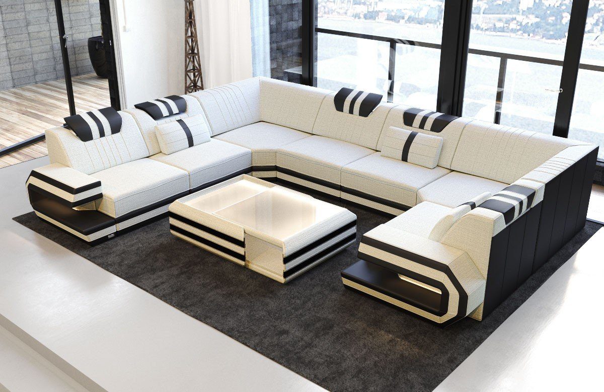 Sofa Dreams Wohnlandschaft Design Polster Stoff Sofa Ragusa U Form H Strukturstoff Stoffsofa, Couch wahlweise mit Hocker elfenbein-schwarz