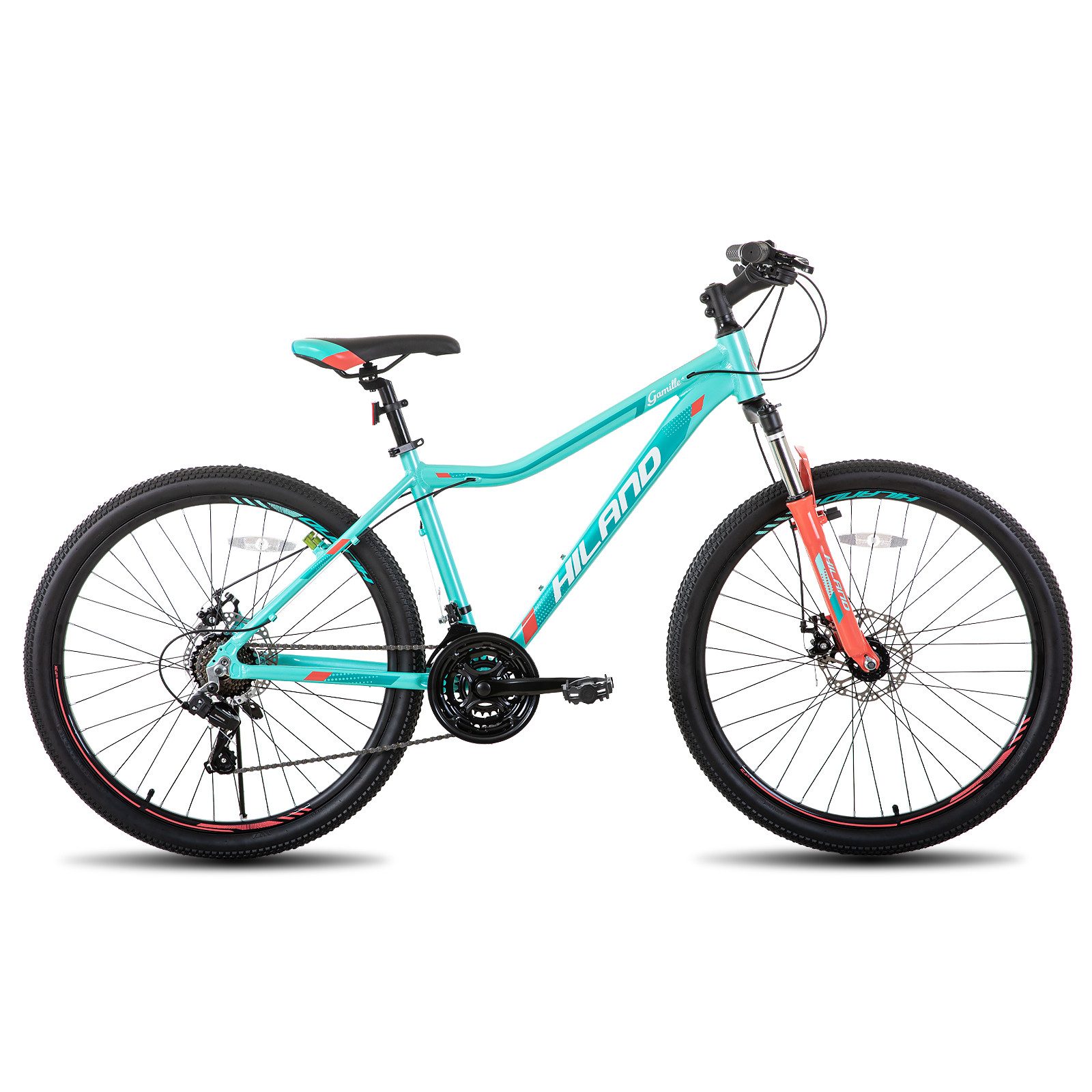 HILAND Mountainbike 26/27,5 Zoll Leichtgewichtiges bike für Frauen Ideal für alle Terrains, 21-Gang mit Lock-Out-Federgabel Dual-Scheibenbremsen, Aluminium-Rahmen