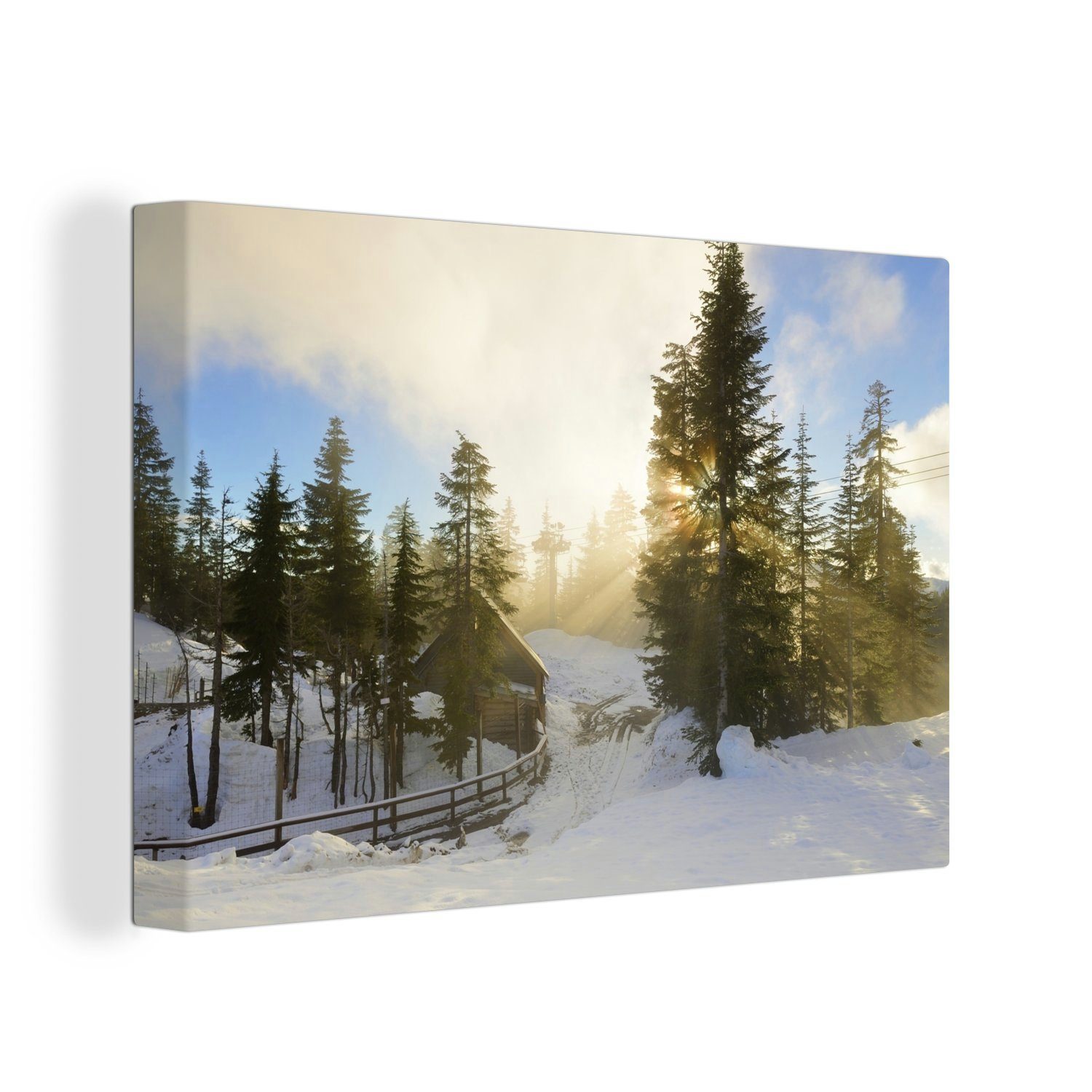 OneMillionCanvasses® Leinwandbild Nebliger Sonnenuntergang am Grouse Mountain in Kanada, (1 St), Wandbild Leinwandbilder, Aufhängefertig, Wanddeko, 30x20 cm
