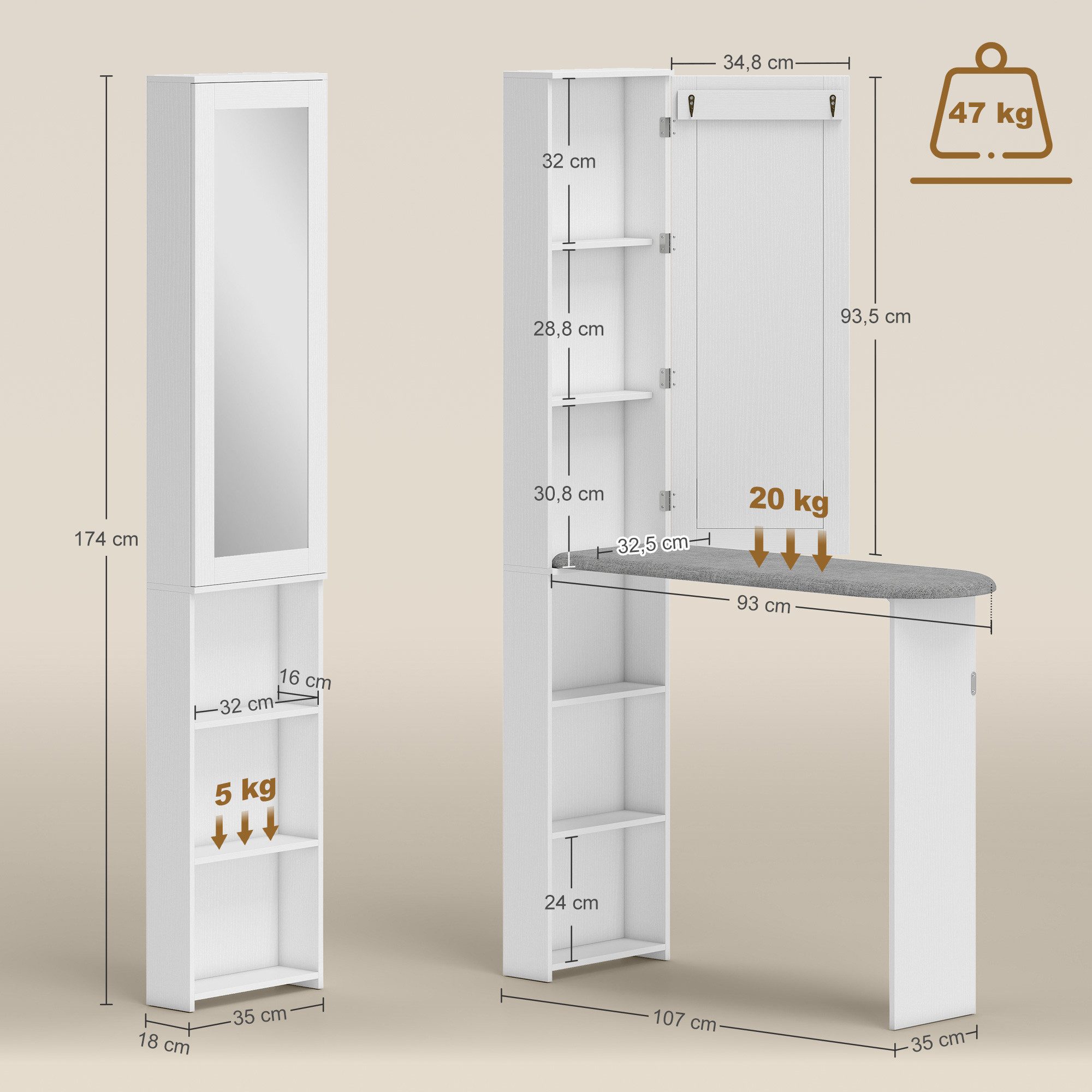 HOMCOM Bügelbrett Faltbarer Bügelbrettschrank mit Tür, internen Regalen, Spiegel, Bügelfläche 93x31 cm, für Waschküche oder kleine Räume, 106 x 35 x 174 cm, Weiß