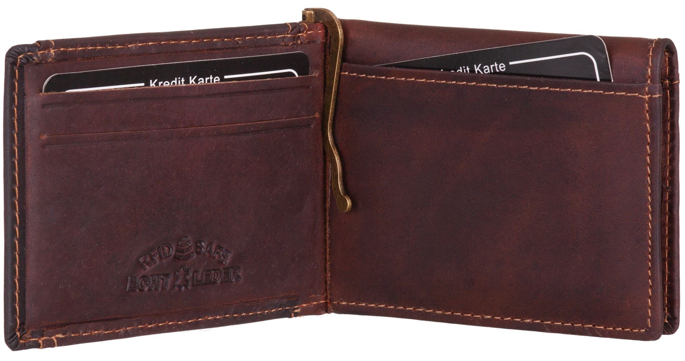 RFID-Schutz Geldclip Leder Portemonnaie Münzfach Geldbeutel braun Echt STREET mit Geldbörse, BAG Geldklammer