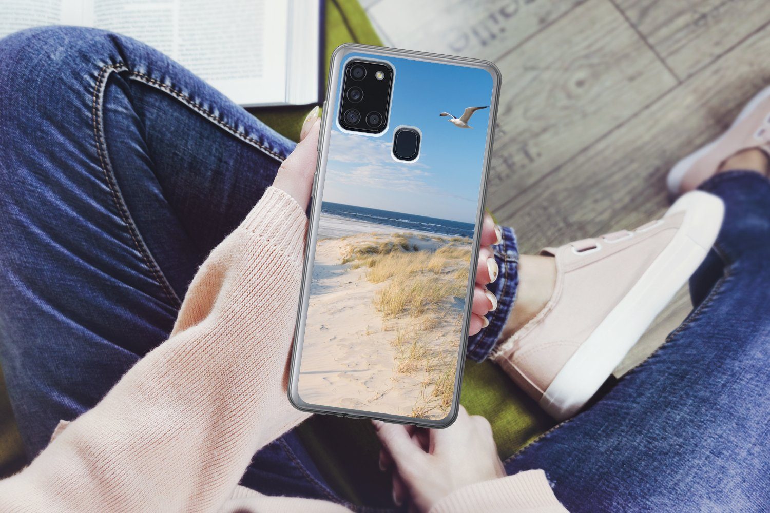 MuchoWow Handyhülle für Samsung Galaxy A21s Düne - Möwe - Strand - Meer - Sonne, Smartphone-Bumper, Print, Handy Schutzhülle Dünn