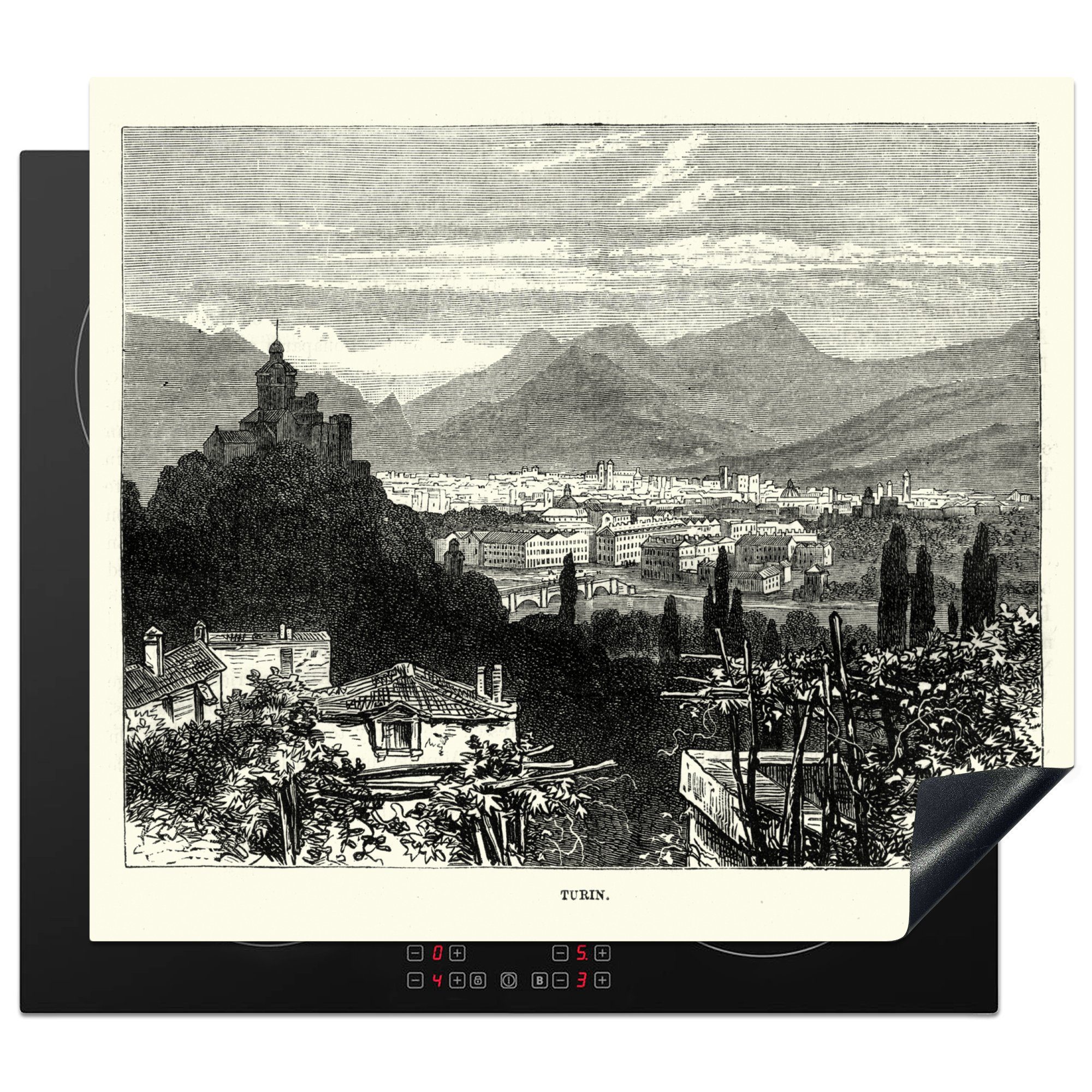MuchoWow Herdblende-/Abdeckplatte Illustration eines Luftbildes der italienischen Stadt Turin, Vinyl, (1 tlg), 60x52 cm, Mobile Arbeitsfläche nutzbar, Ceranfeldabdeckung