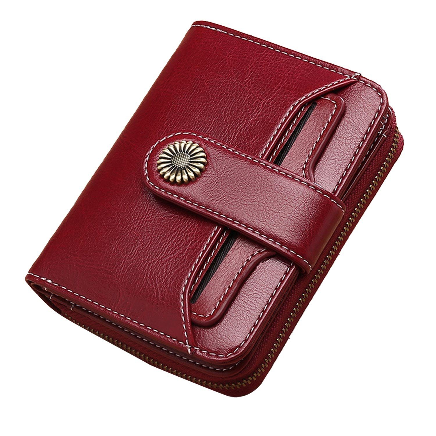 MAGICSHE Brieftasche Echtes Leder Damen Geldbörse, kleine Reißverschluss Geldbörse, Clip mit Münzfach und RFID Schild Weinrot