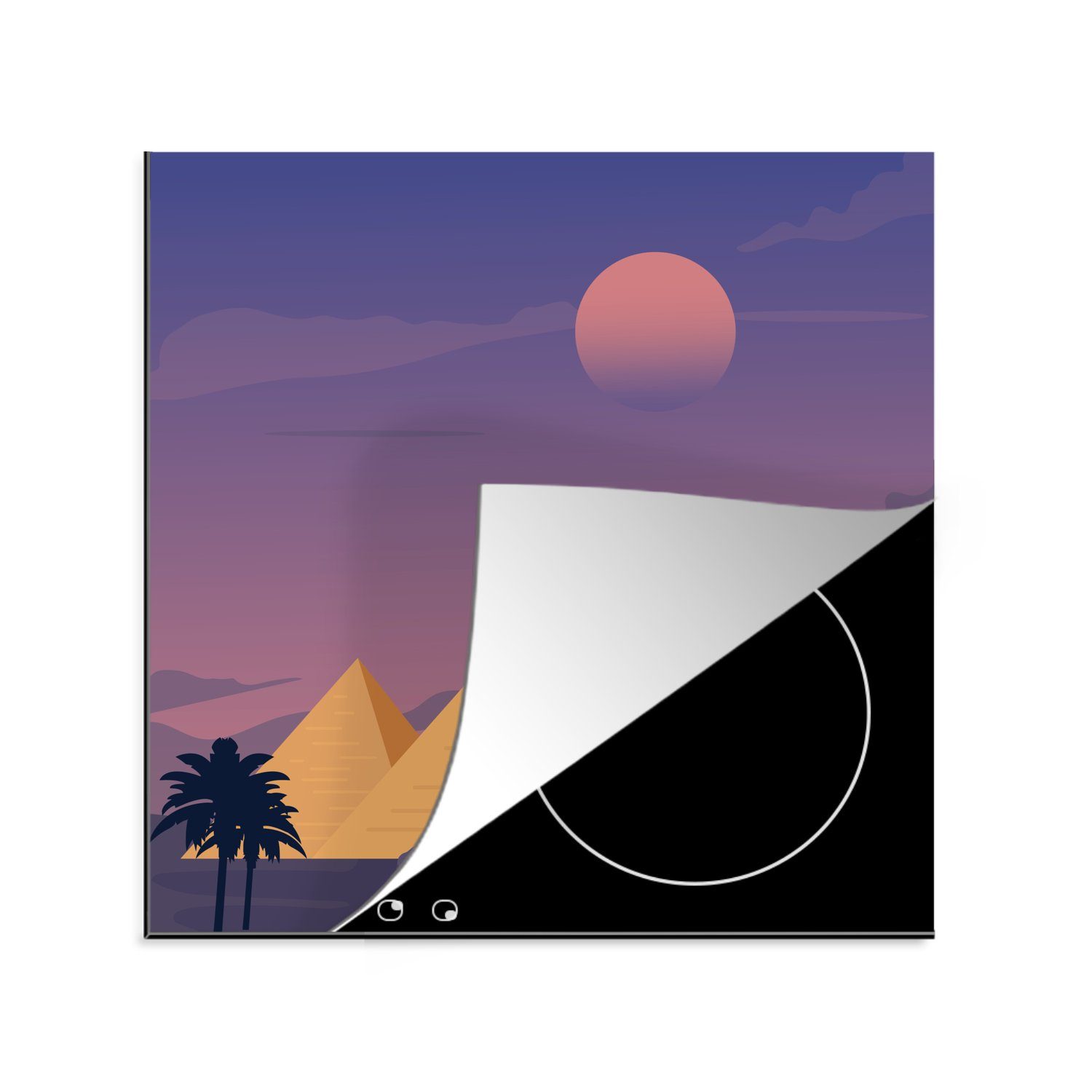 MuchoWow Herdblende-/Abdeckplatte Illustration der Pyramiden von Gizeh am Abend, Vinyl, (1 tlg), 78x78 cm, Ceranfeldabdeckung, Arbeitsplatte für küche