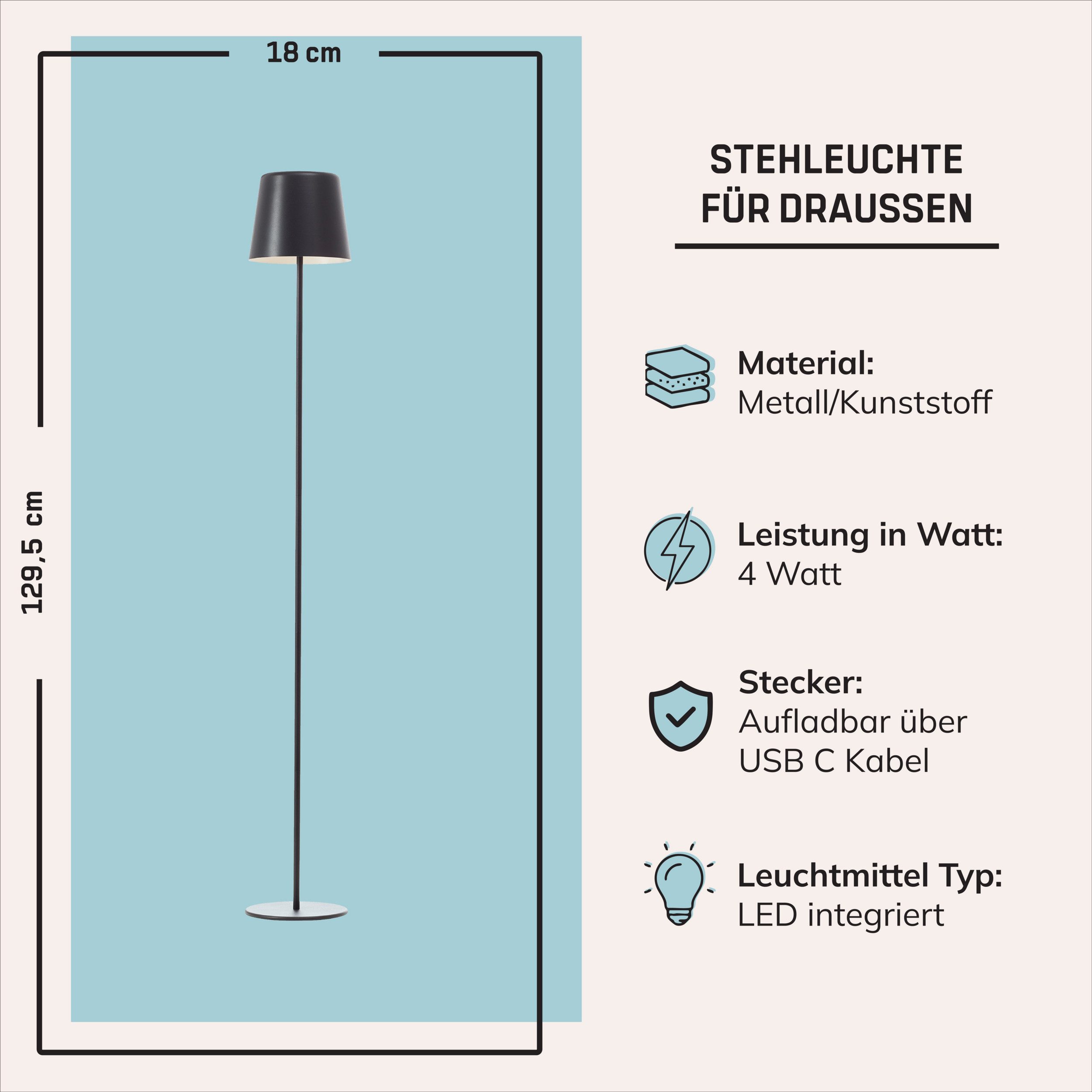 Lightbox Stehlampe, LED fest integriert, Warmweiß, Portable LED Außen Stehlampe, 129cm, 350 lm, Touchdimmer, USB, schwarz