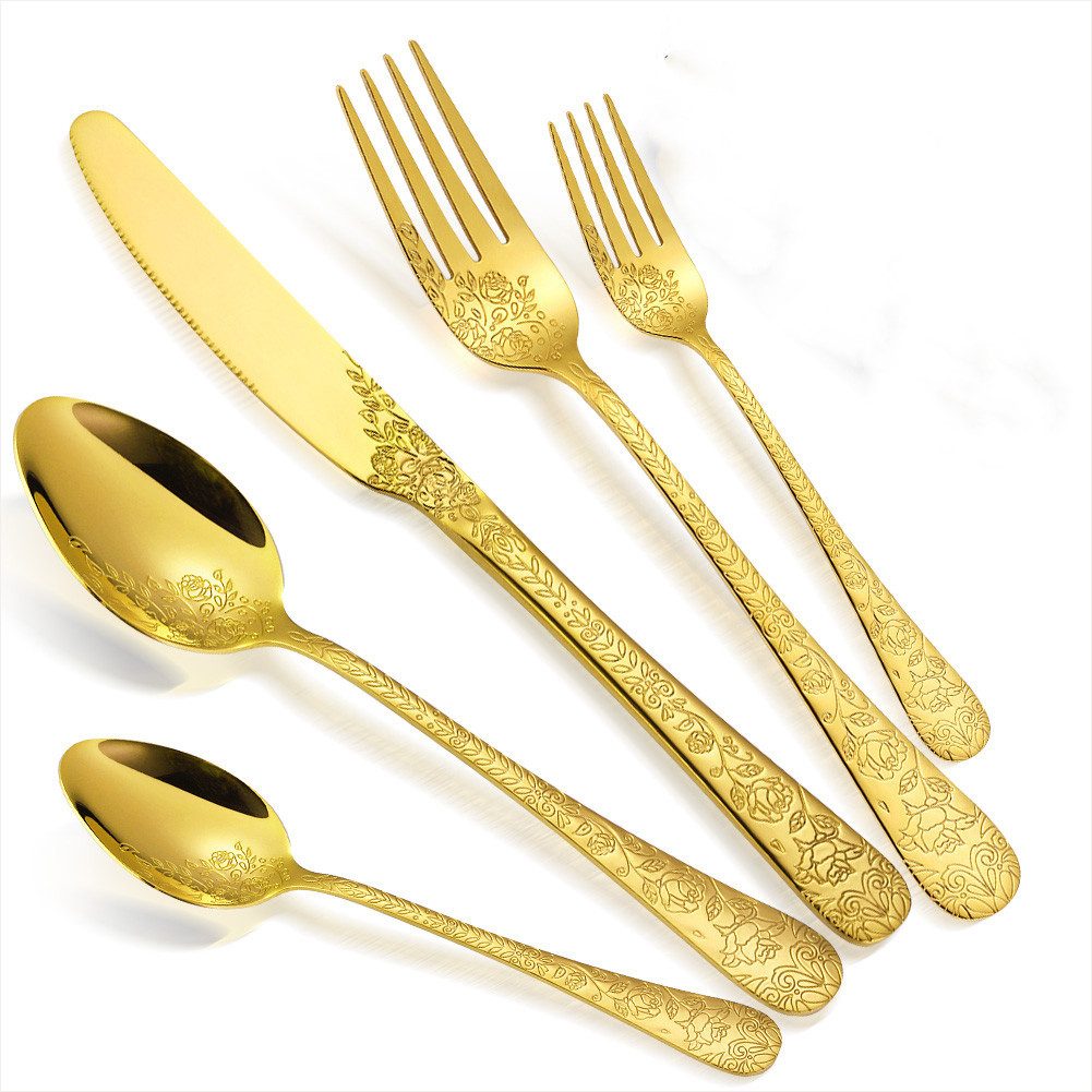 KEENZO Besteck-Set 40 teilig Edelstahl Gold Essbesteck Set florale Muster Griff (40-tlg), 8 Personen, Edelstahl
