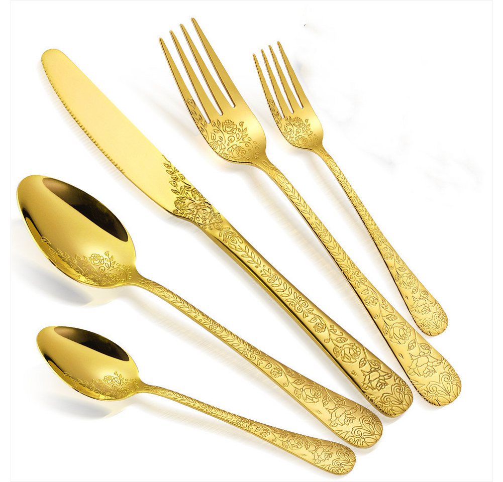KEENZO Besteck-Set 40 teilig Edelstahl Gold Essbesteck Set florale Muster Griff (40-tlg), 8 Personen, Edelstahl