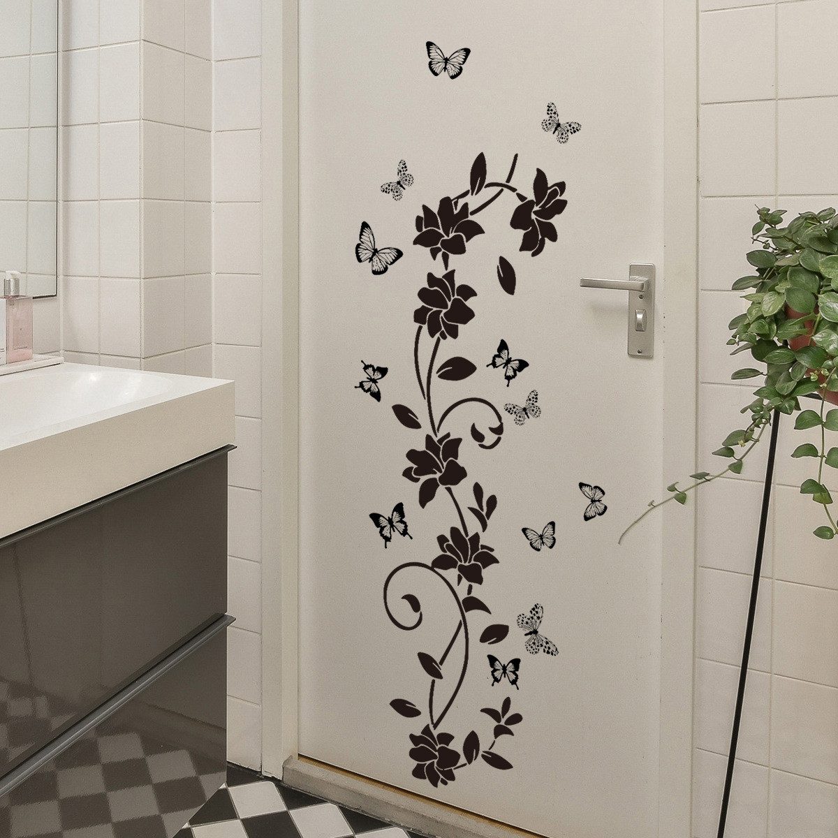 HomeBella Fliesenaufkleber Blumen Wandtattoo mit Schmetterlingen selbstklebend, Wandsticker Bad Dusche Glas Tür Deko wasserfest