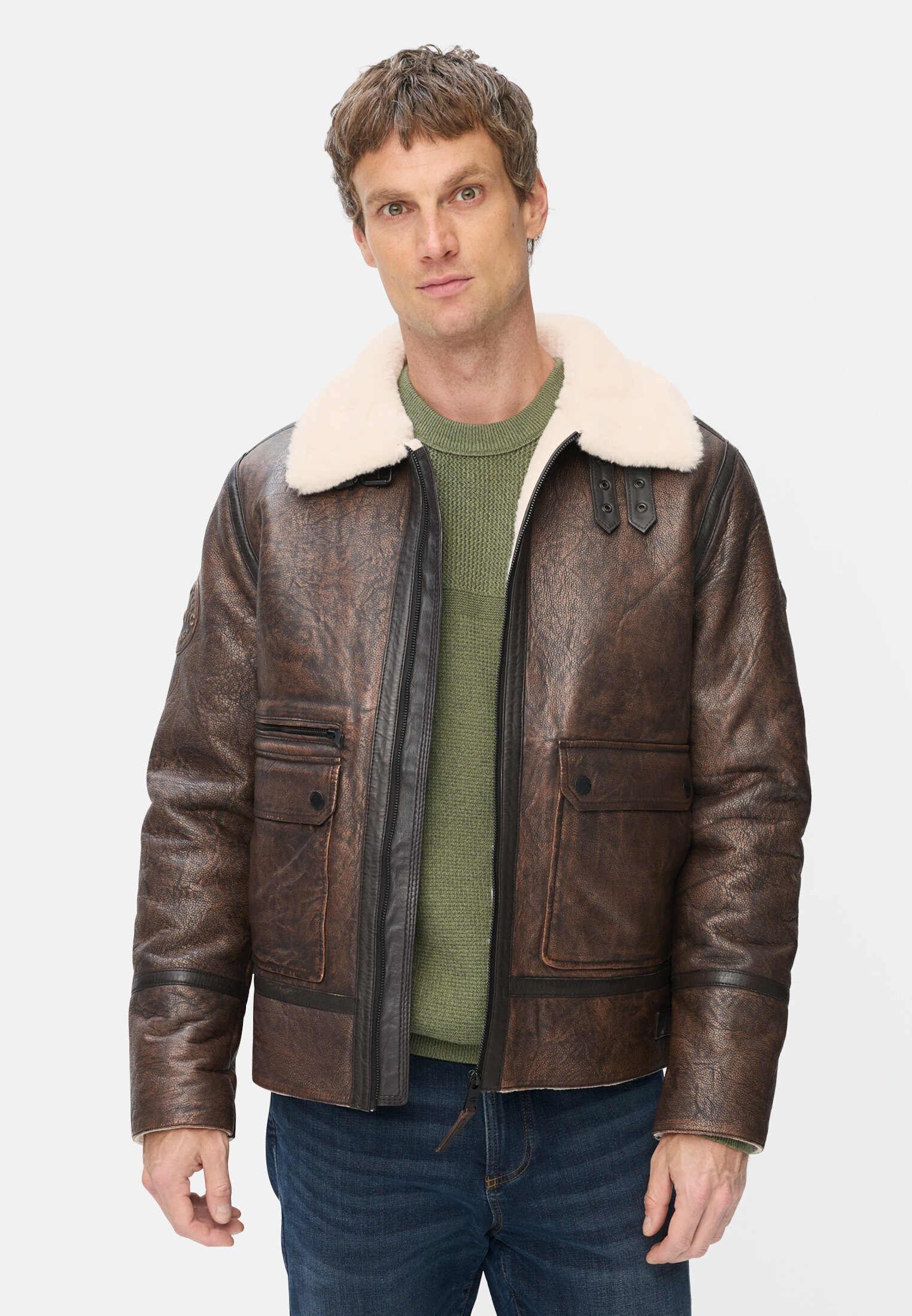 camel active Lederjacke mit Innentasche Langarm