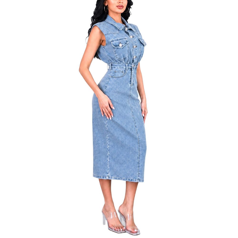 Ital-Design Jeanskleid Damen Jeanskleid Midi mit Gürtel und Knopfleiste (91978490) Used-Look Stretch Jeanskleid in Hellblau