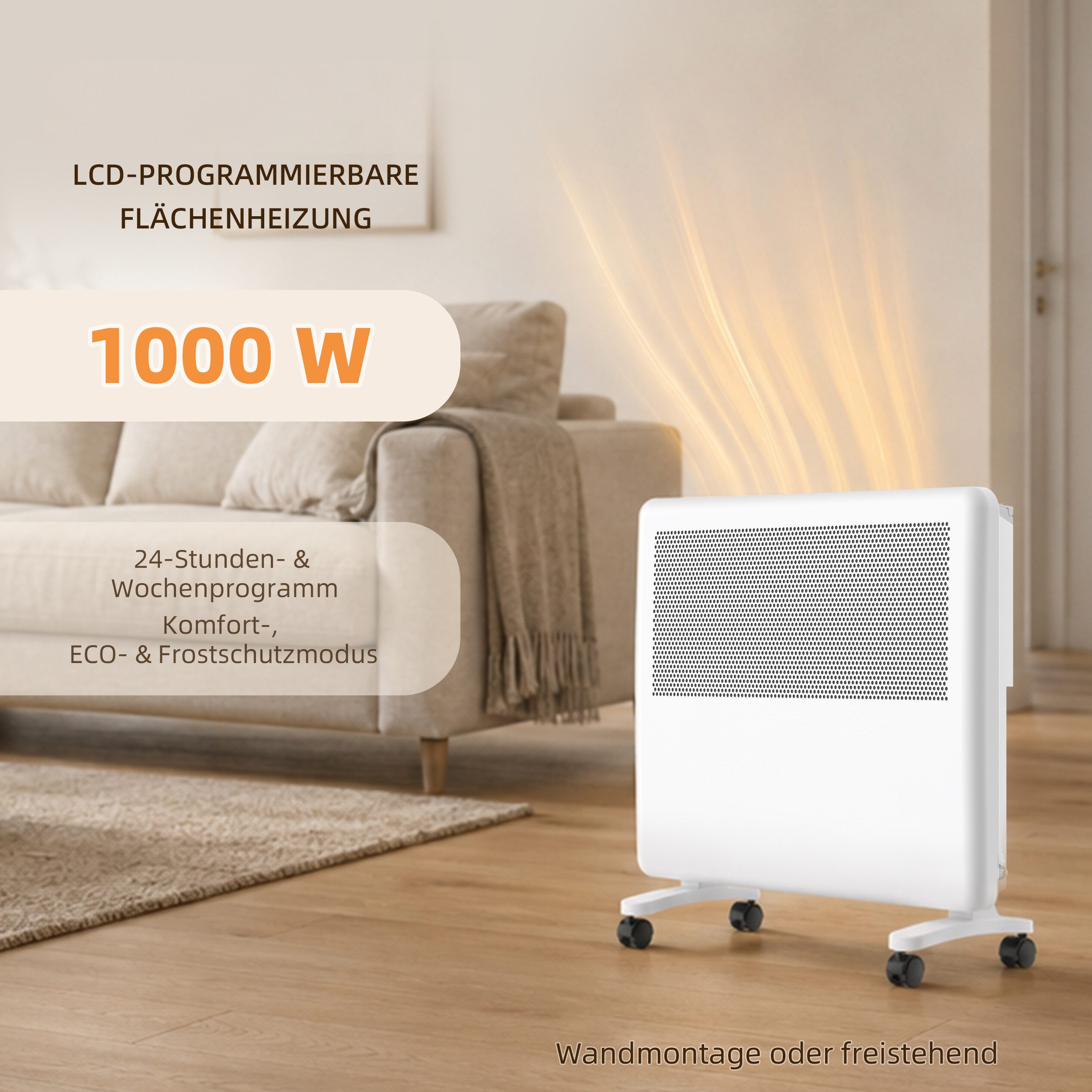 WHEELYOU Konvektor Konvektor mit LCD, Wochentimer, Rollen & Wandmontage, 1000 W