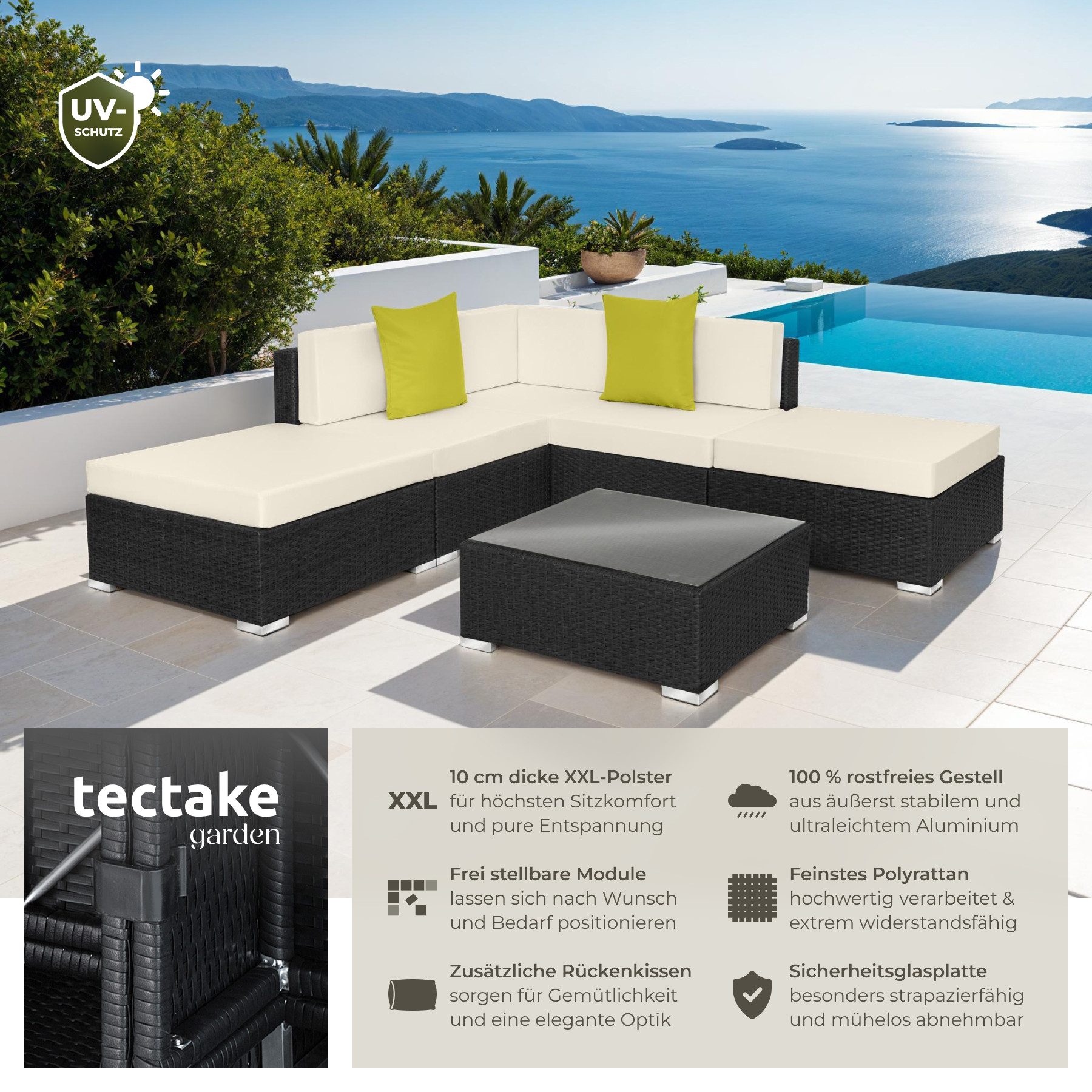 tectake Loungeset Rattan Lounge, (Set., 6-tlg), Glastisch mit Alu-Gestell & günstig online kaufen