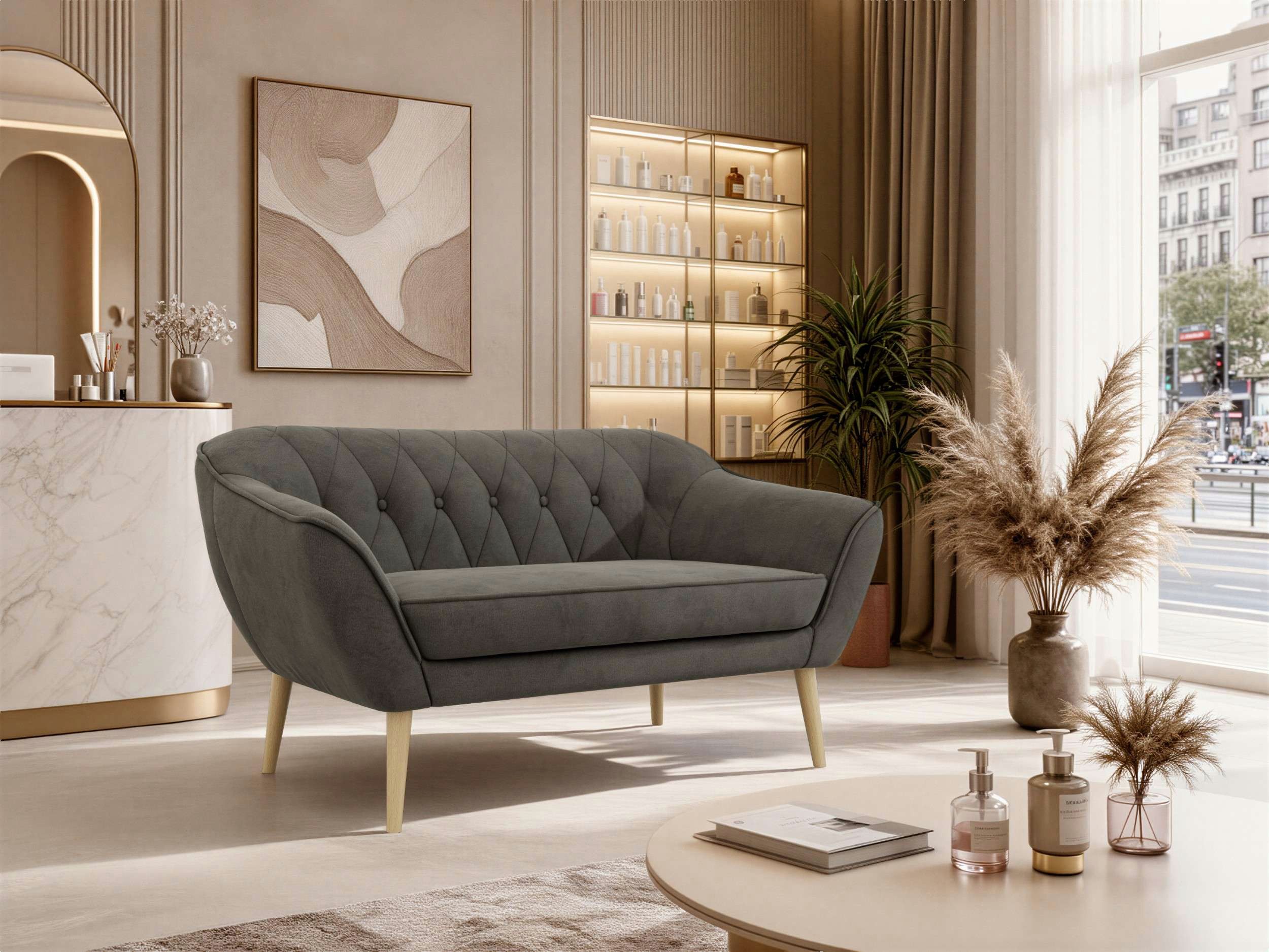 MKS MÖBEL Sofa PIRS, 2-Sitzer, Design mit Steppung, Wellenfederung, Scandi-Design, Füße wählbar