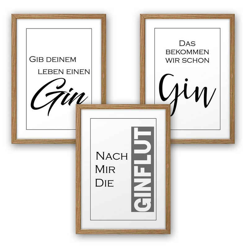 Kreative Feder Poster, Gin, Alkohol, Schrift, Text (Set, 3 St), 3-teiliges Poster-Set, Wandbild, Rahmen optional, DIN A4 oder A3