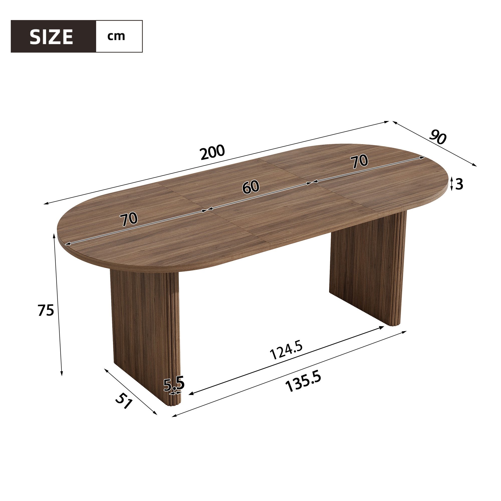 Flieks Esstisch (Länge 140-200/T90/H75 cm, 1-St., 1 Tisch), ausziehbarer Küchentisch ovaler Tisch Holzoptik, Nussbaumfarbe – Bild 5 von 5