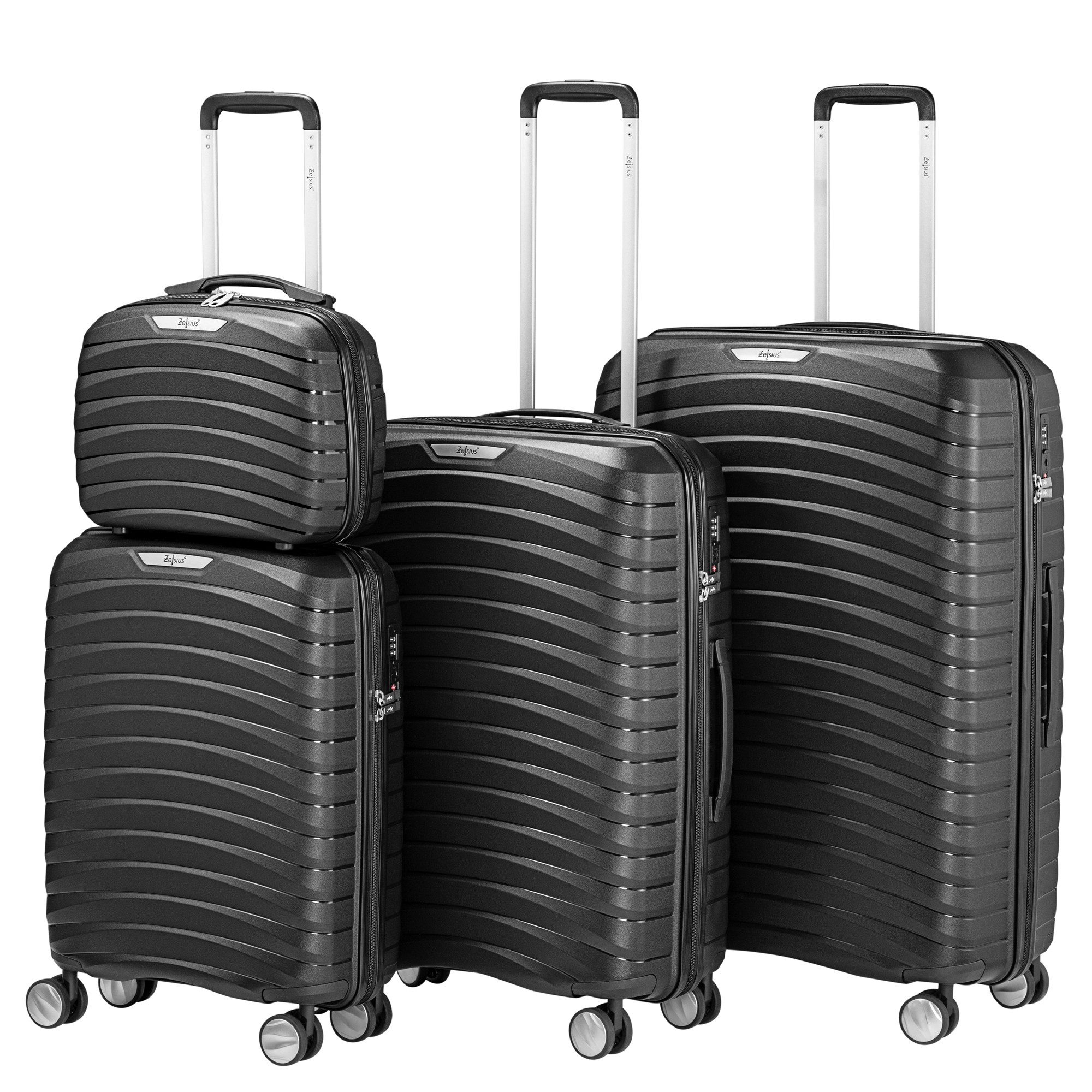 Zelsius Kofferset 4 Stück, Schwarz, Hartschalenkoffer mit TSA Zahlenschloss, Trennwand, 4 Rollen, (Set, 1 tlg., 4 teiliges Kofferset), 3-Ziffern-TSA-Kombinationsschloss