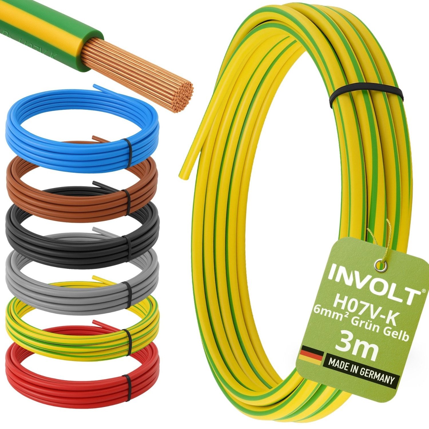 INVOLT H07V-K 6/10mm² 6 Farben Aderleitung, Verdrahtungsleitung (3 - 100 m) Stromkabel, (300 cm), Made in Germany
