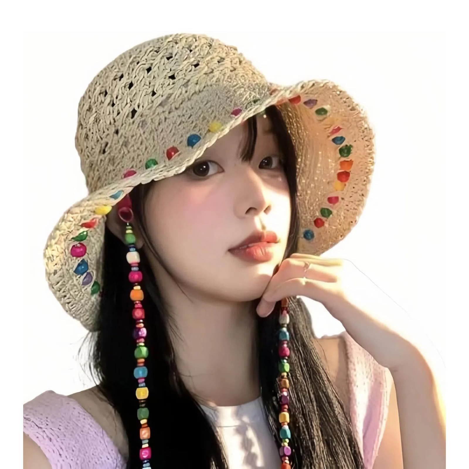 Zaewry Strohhut Sonnenhut Sommerhut Strandhut Straw hat, Damen faltbar, Einheitgröße Verziert mit bunten Holzperlen – Bohemian-Stil, UV-Schutz