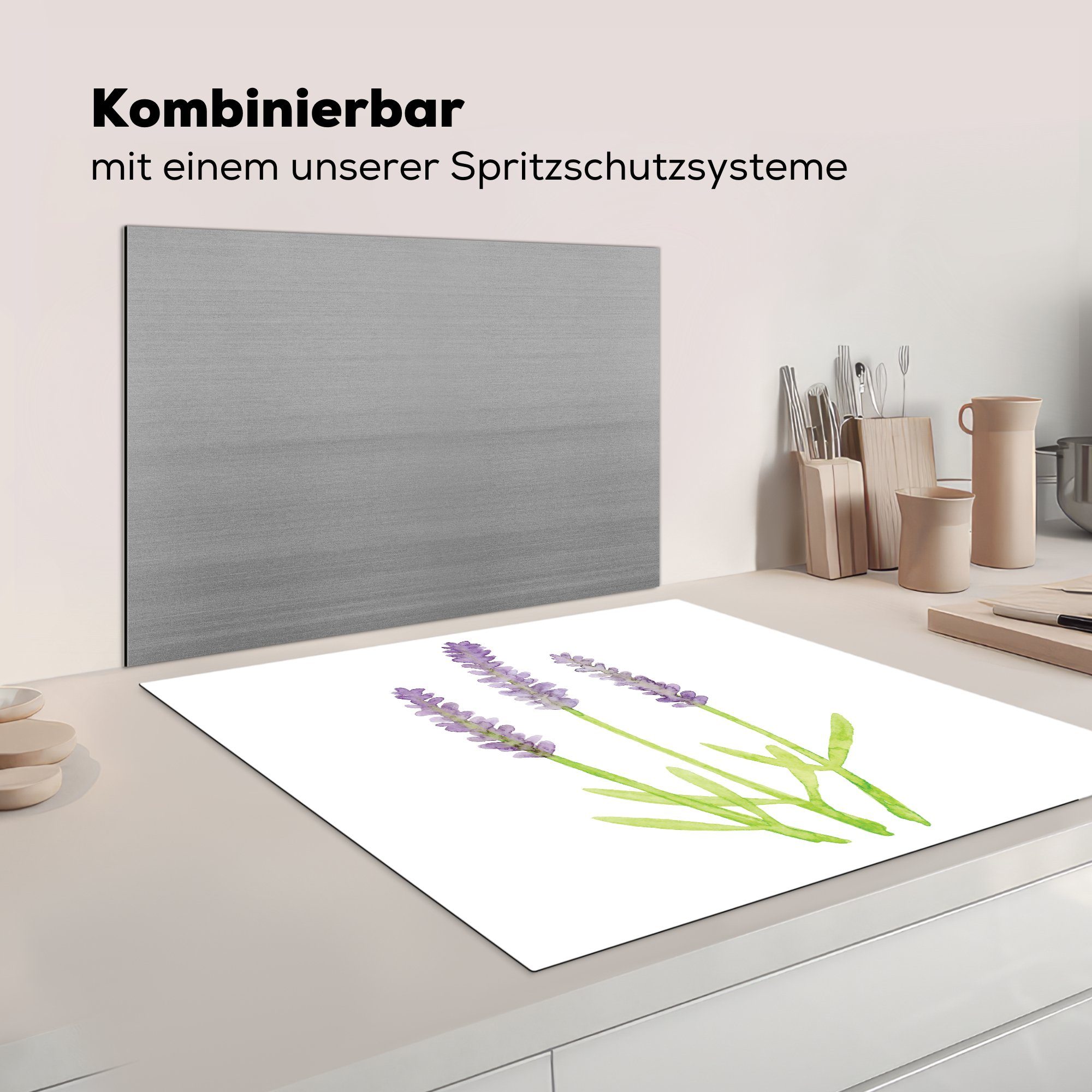 Arbeitsplatte MuchoWow Lavendel Herdblende-/Abdeckplatte cm, 78x78 für - Vinyl, küche - Ceranfeldabdeckung, tlg), (1 Aquarell Pflanzen,