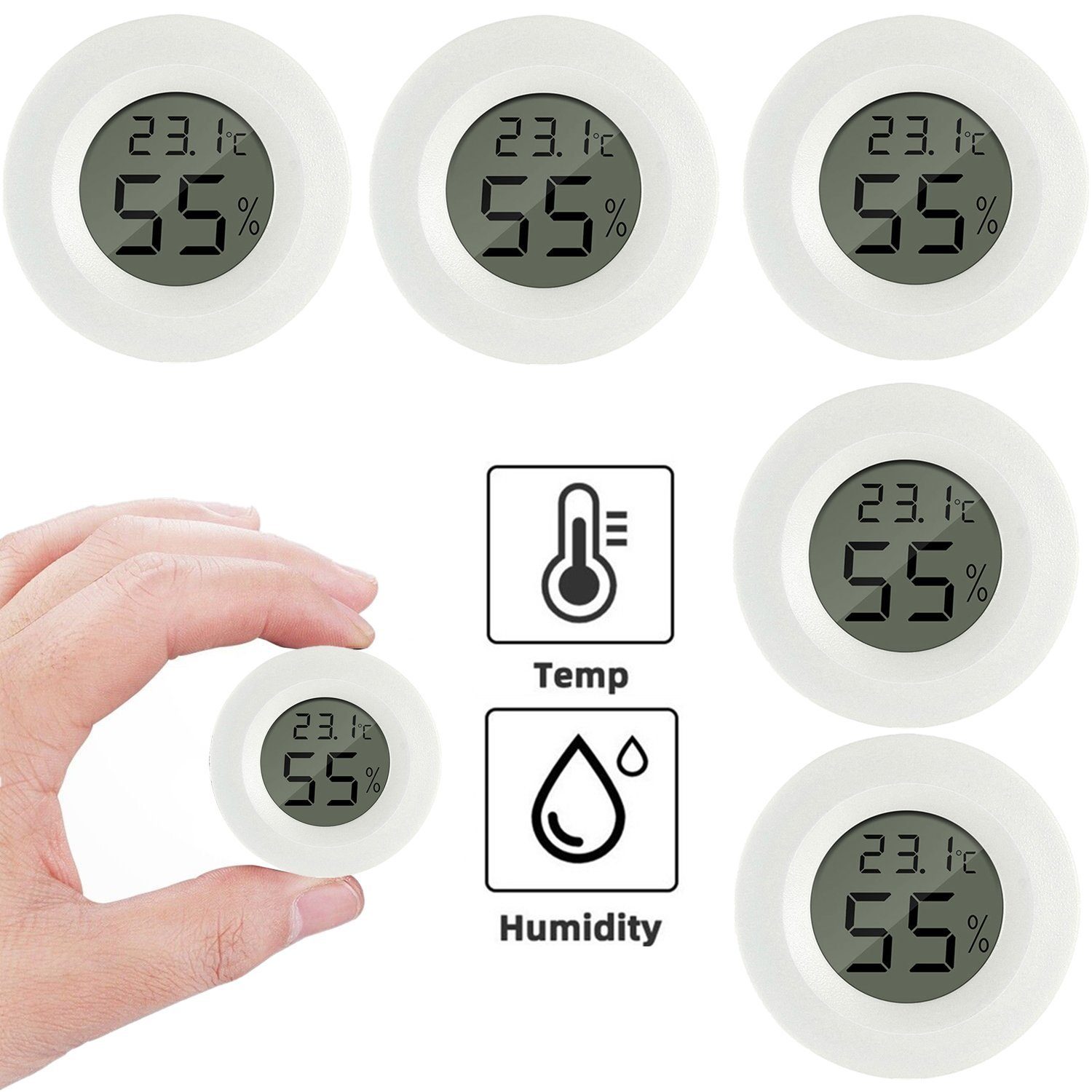 Olotos Hygrometer Digitales Thermo-Hygrometer Thermometer Temperatur Messgerät 5er-Set, Mini LCD für Kontrolle Innenraum Luftfeuchtigkeit Kühlschrank Weiß