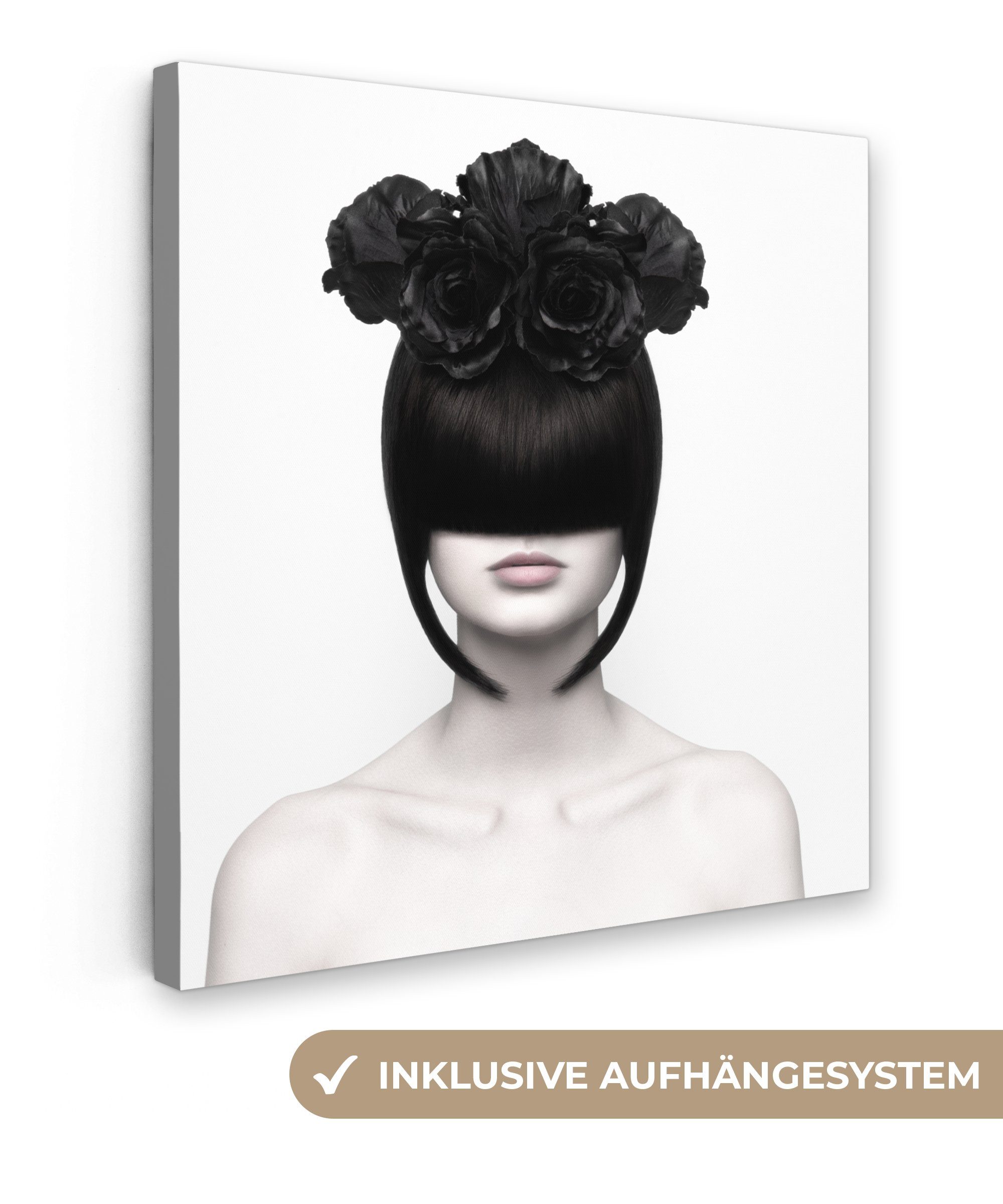 Leinwandbild Porträt - Frau - Rosen - Abstrakt - Schwarz-Weiß