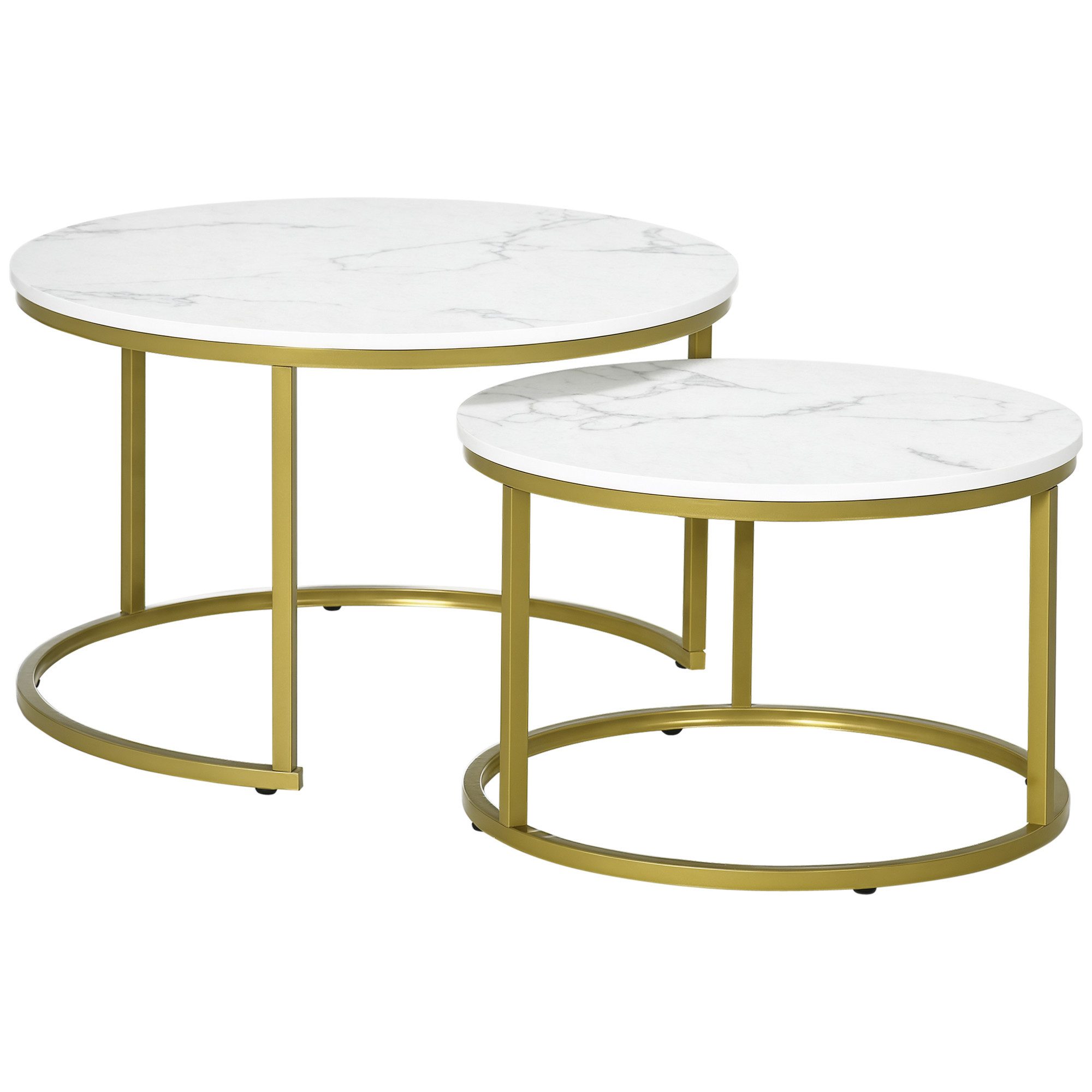 HOMCOM Couchtisch 2er-Set, Rund, mit Stahlgestell in Gold, Marmoroptik, stapelbar (Kaffeetisch, 2-St., Eckiger Beistelltisch), für Wohnzimmer, bis 30 kg belastbar, Weiß