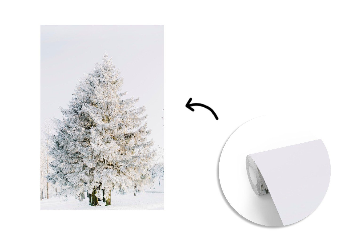 MuchoWow Fototapete Winter - Baum für - Weiß, - Tapete Wohnzimmer, Montagefertig St), Schnee Matt, Kiefer (3 Wandtapete - bedruckt, Vinyl