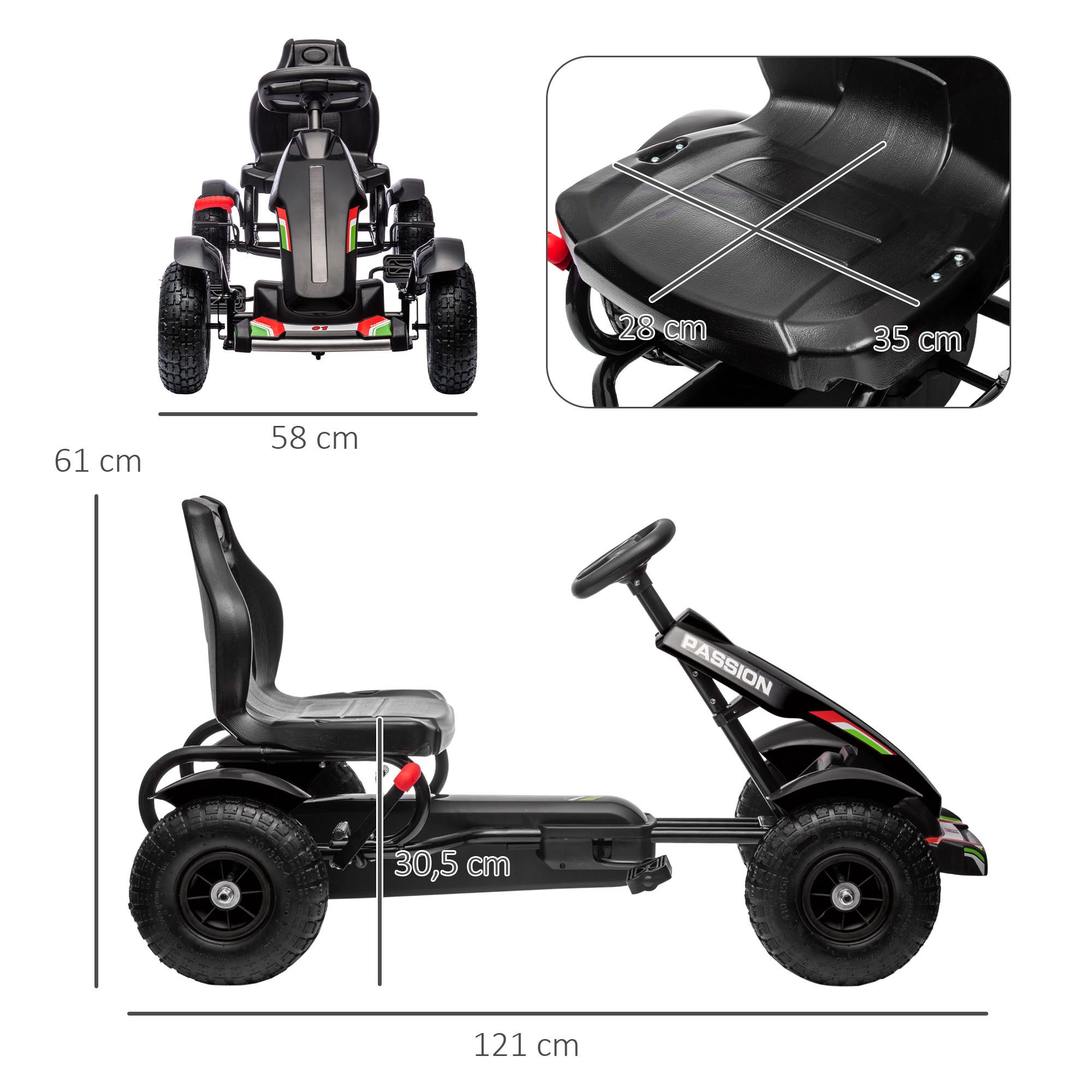 HOMCOM Go-Kart Tretauto mit Handbremsen, verstellbarem Sitz, Schwarz 121 x 58 x 61 cm – Bild 3 von 5
