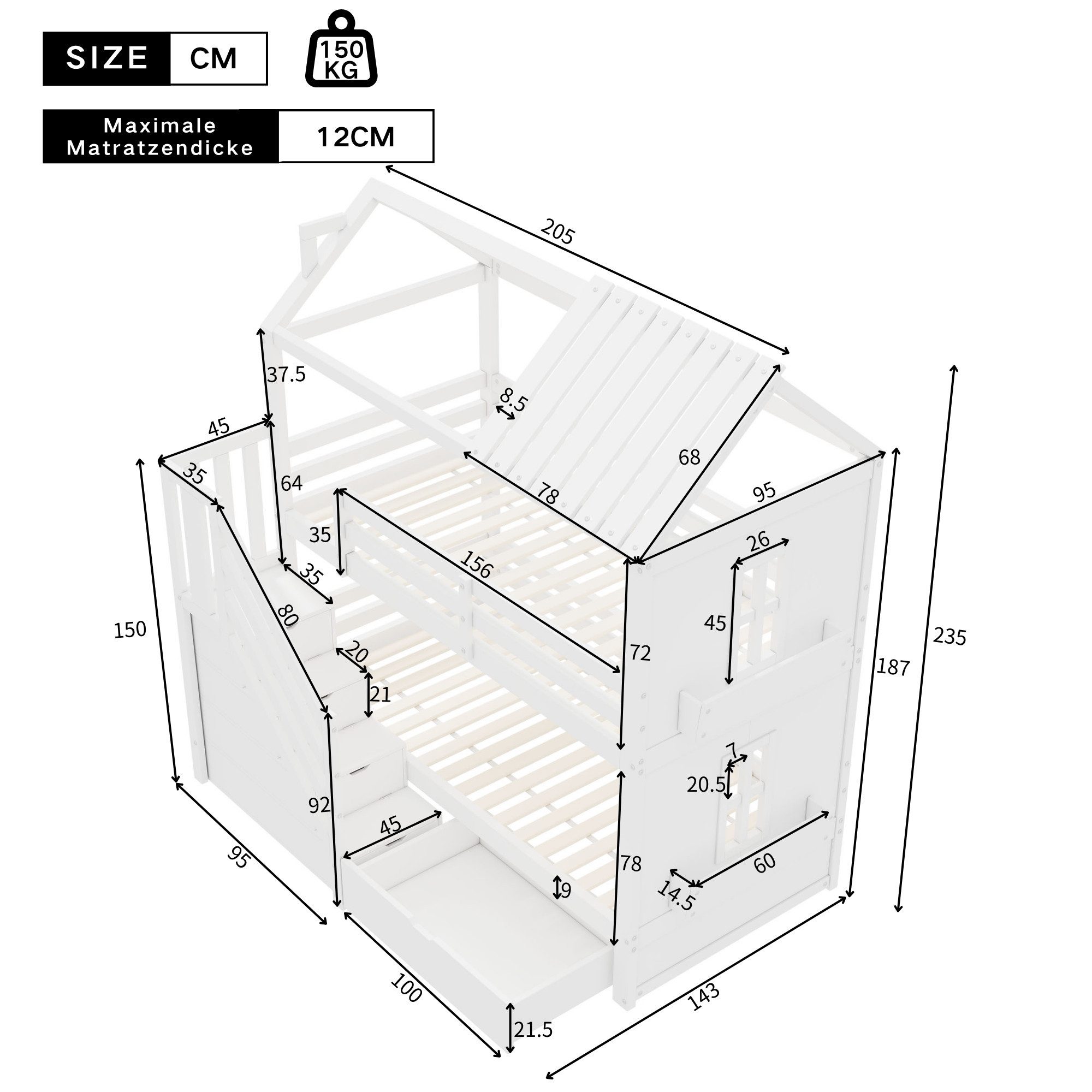Flieks Etagenbett, Kinderbett Hausbett mit Schublade & Stauraumtreppe & Reg günstig online kaufen