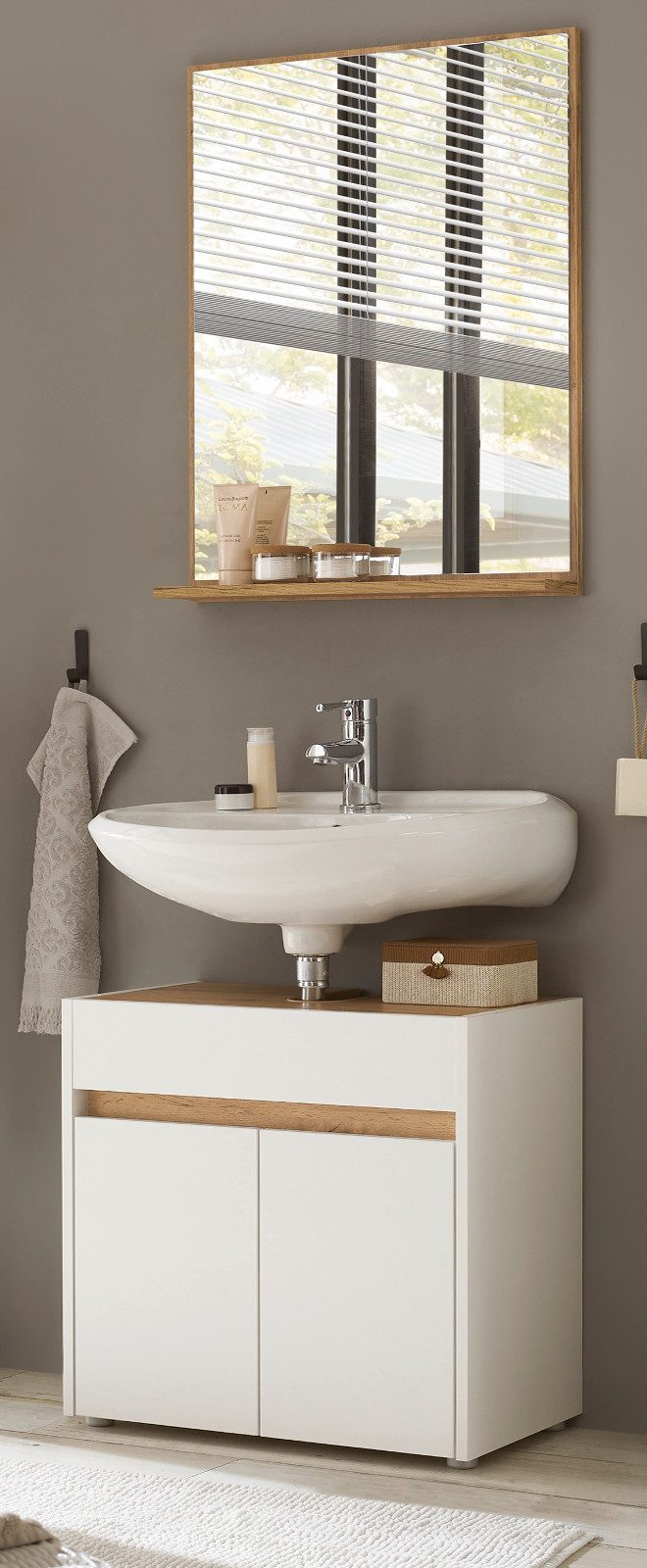 Furn.Design Badmöbel-Set Center, (in weiß mit Wotan Eiche, 2-St., Waschbeckenunterschrank und Badspiegel), Breite 60 cm
