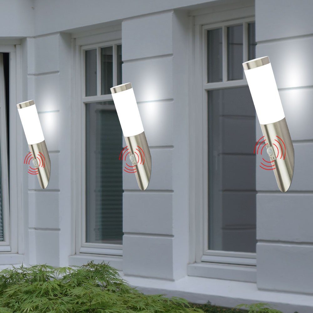 etc-shop Außen-Wandleuchte, Leuchtmittel inklusive, Warmweiß, 3x Wand Leuchten Außen Lampen Edelstahl Beleuchtung Bewegungsmelder im