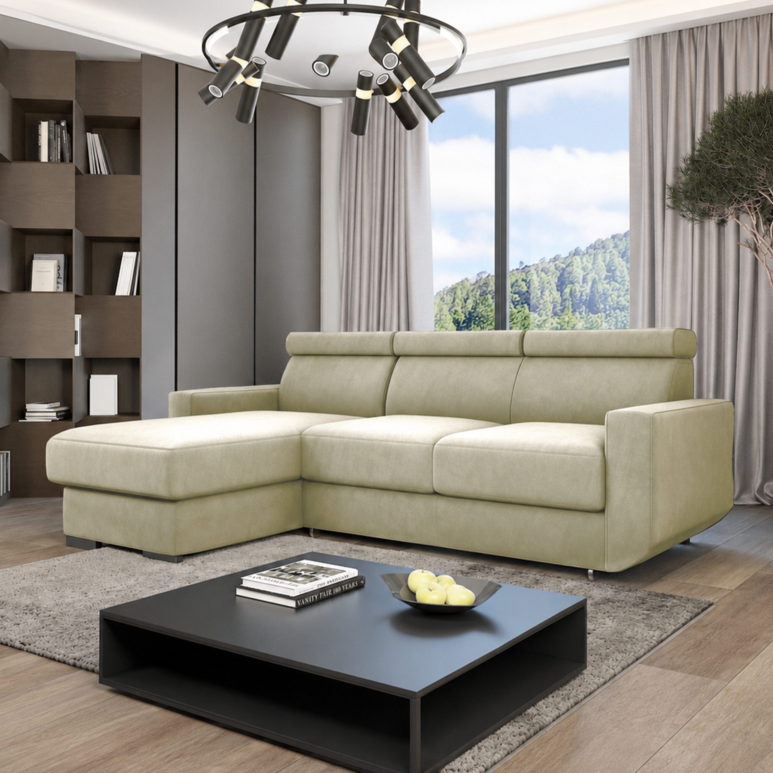 Goldstoff Ecksofa mit Schlaffunktion & Bettkasten "HUGO" verstellbare Kopfstützen, L-Form Couch mit Schlaffunktion und Bettkasten - Sofa, mit Relaxfunktion