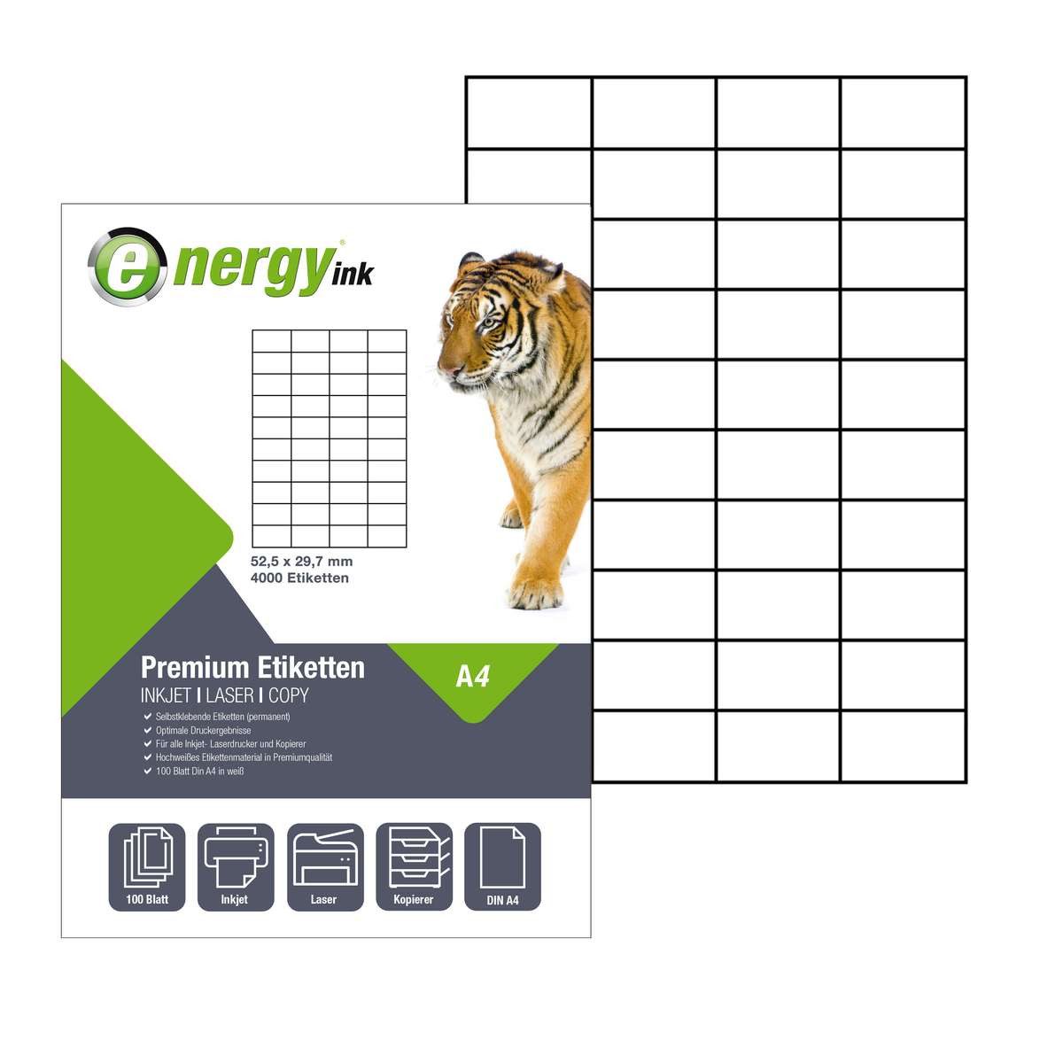 Energy-ink Etikettenpapier energy ink ET52,5x29,7, Etiketten 52,5x29,7 mm 100 Blatt 4000 Etiketten auf A4