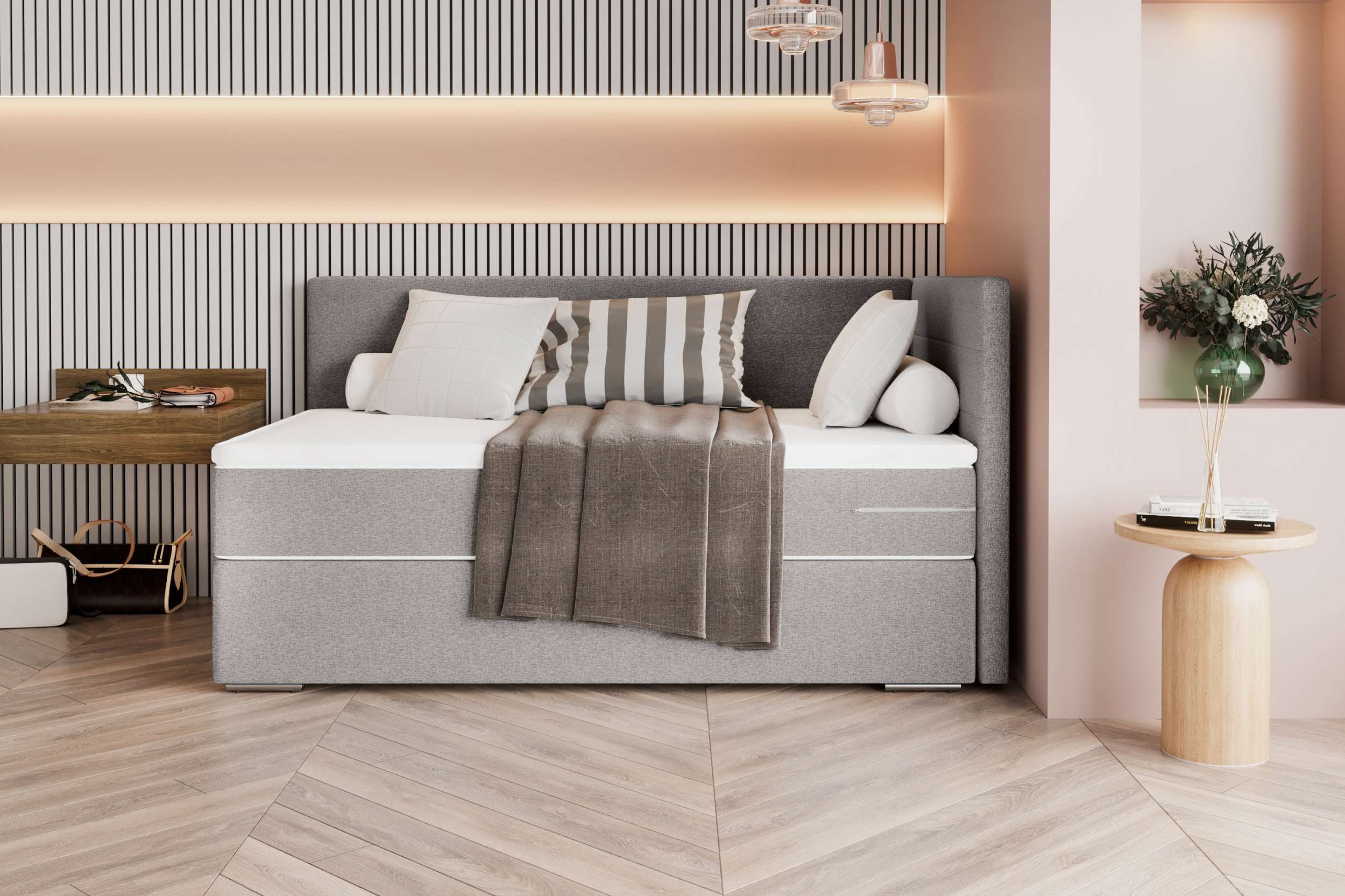 99rooms Boxspringbett Phönix Mini Plus (Schlafzimmerbett, Bett), mit Taschenfederkernmatratze und Topper, in Webstoff MALMO_NEW