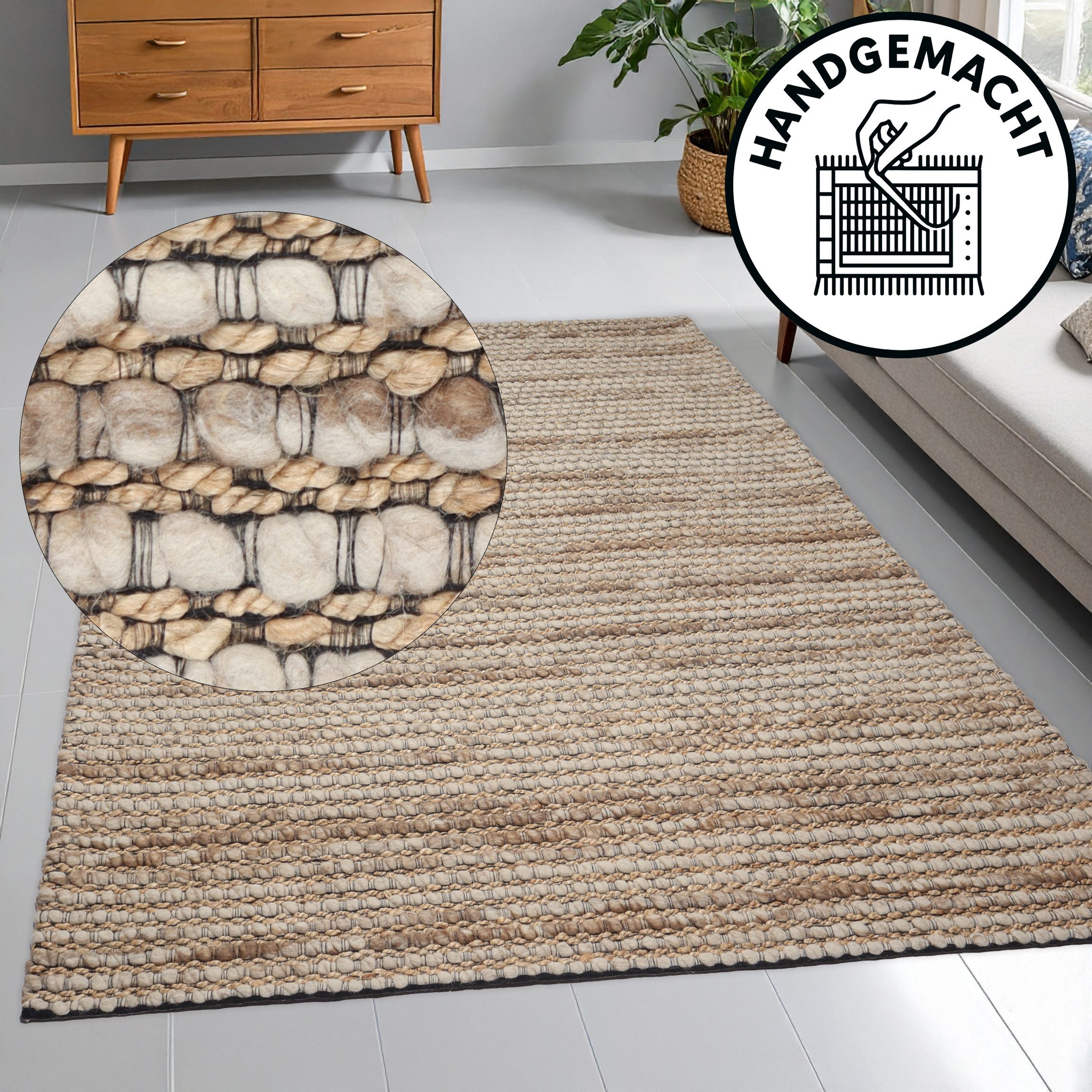 OTTO home Wollteppich Leevy, Wolle und Jute, handgewebt, Handweb Teppiche, rechteckig, Höhe: 25 mm, schöne Streifenoptik, Wohnzimmer, Schlafzimmer, Esszimmer