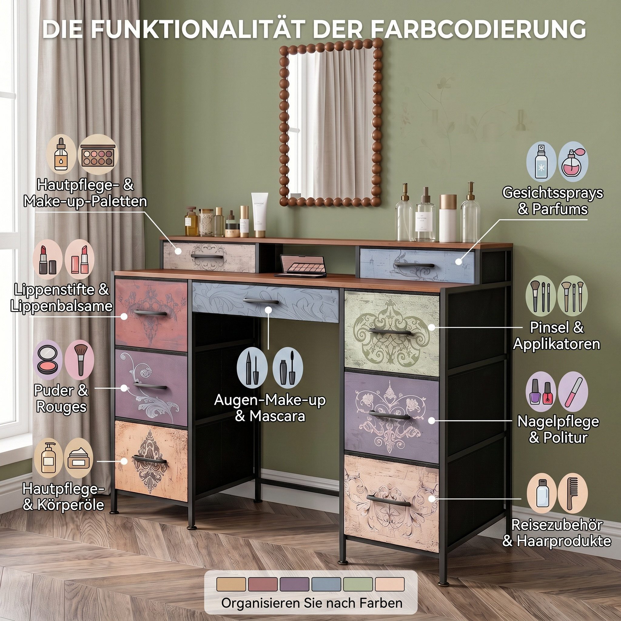 Furnishings Home Schminktisch Frisiertisch Schminkkommode Vintage mit 9 schubladen (1x Schminktisch), 121 x 40 x 91 cm, Nicht -Slip -Tischbein, mit Kippschutzvo – Bild 4 von 5